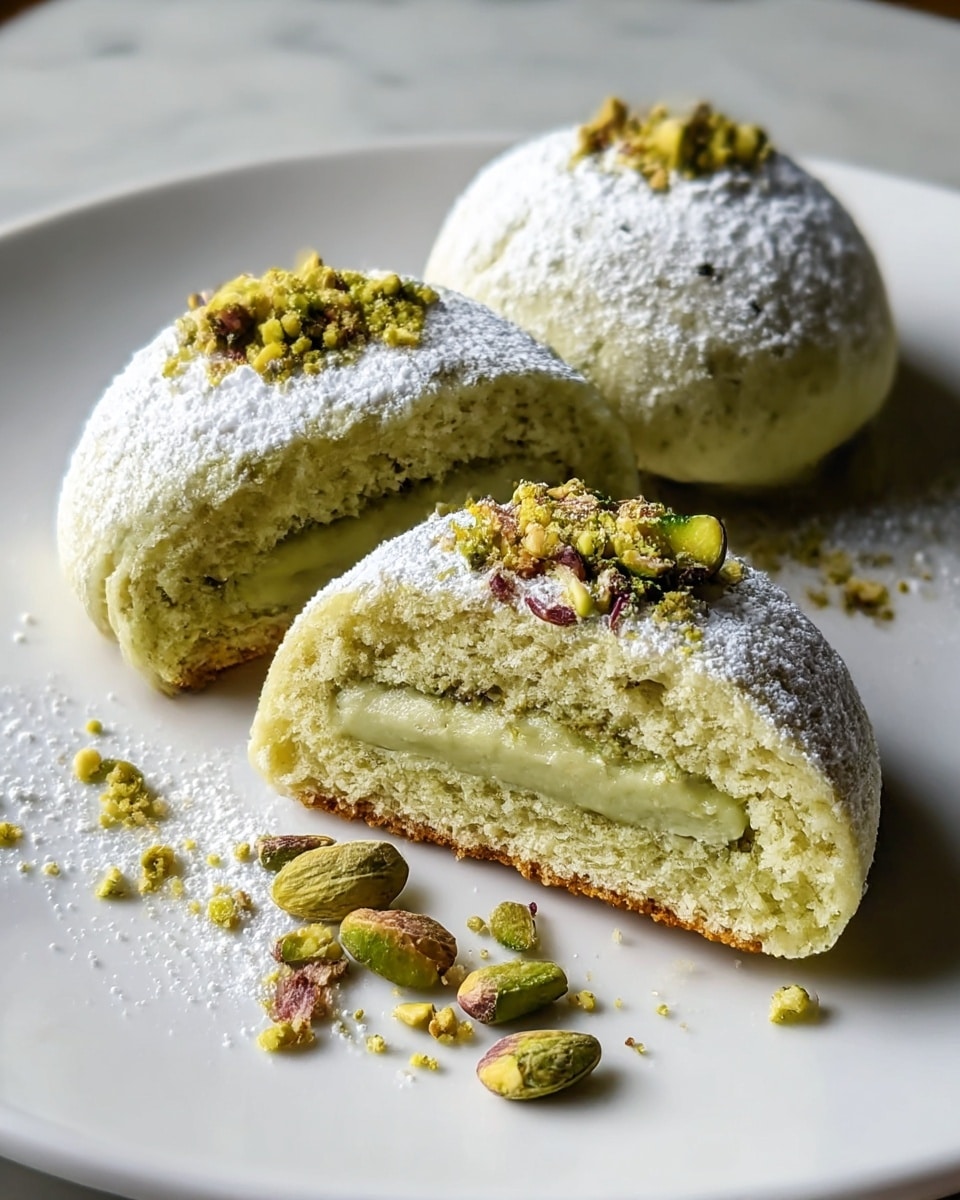 The image shows three soft, round cookies on a white plate placed on a white marbled surface, two whole and one cut in half to reveal the inside. Each cookie has a light green dough exterior dusted with white powdered sugar. Inside, there is a smooth, creamy pistachio green filling topped with a small amount of crushed pistachio nuts. Some crushed pistachio pieces and powdered sugar are scattered around the cookies on the plate, adding texture and color contrast. The cookies have a crumbly texture with a slightly browned bottom edge. Photo taken with an iphone --ar 4:5 --v 7
