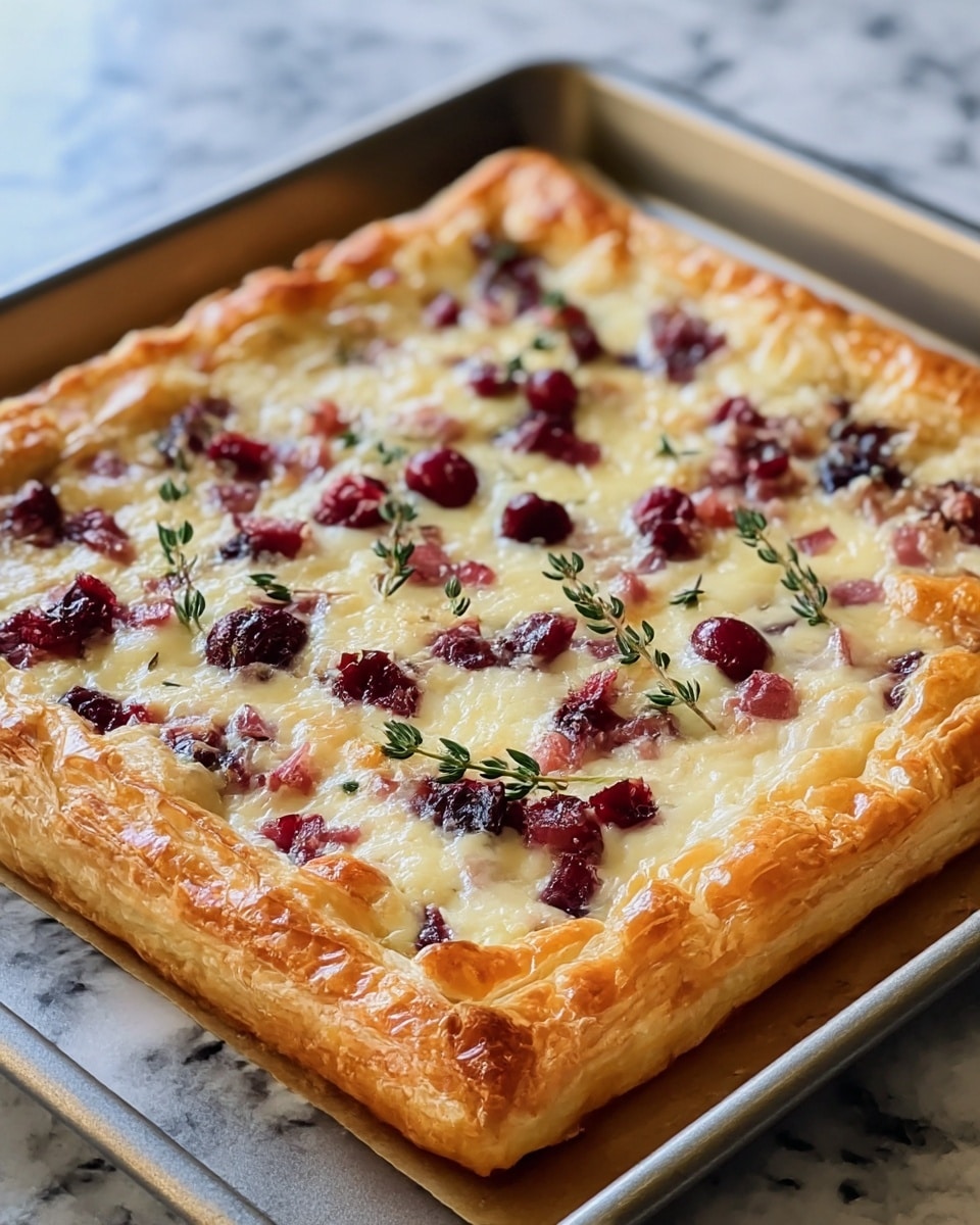 A square tart with three main layers sits on a tray on a white marbled surface. The bottom layer is a golden-brown puff pastry crust with visible flaky texture and puffy edges that rise around the tart. On top of this crust is a smooth creamy white cheese layer, slightly melted and uneven in patches. Scattered over the cheese are small red chunks of what looks like cranberry or berry sauce, along with darker berry spots, giving a mixed texture of soft and slightly chunky. Several small green sprigs of fresh thyme are spread evenly over the top, adding a pop of color. The whole tart has a glossy, baked look, with the puff pastry edges showing extra shine. Photo taken with an iphone --ar 4:5 --v 7