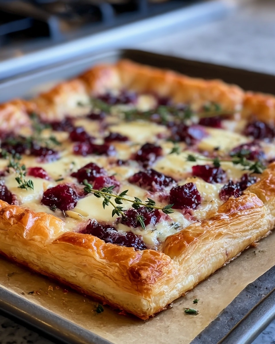 The image shows a square puff pastry tart with several layers. The bottom layer is golden-brown, flaky puff pastry crust, thick and crisp around the edges, puffed up with many visible flaky layers. On top, there is a layer of melted cream-colored cheese cut into small squares, spread evenly. Scattered over the cheese are pieces of deep red and purple fruit or jam, giving a shiny and thick texture. Fresh green thyme sprigs are placed on top, adding a touch of color and freshness. The tart is on a baking tray, with a blurred stove background replaced by a white marbled texture. photo taken with an iphone --ar 4:5 --v 7
