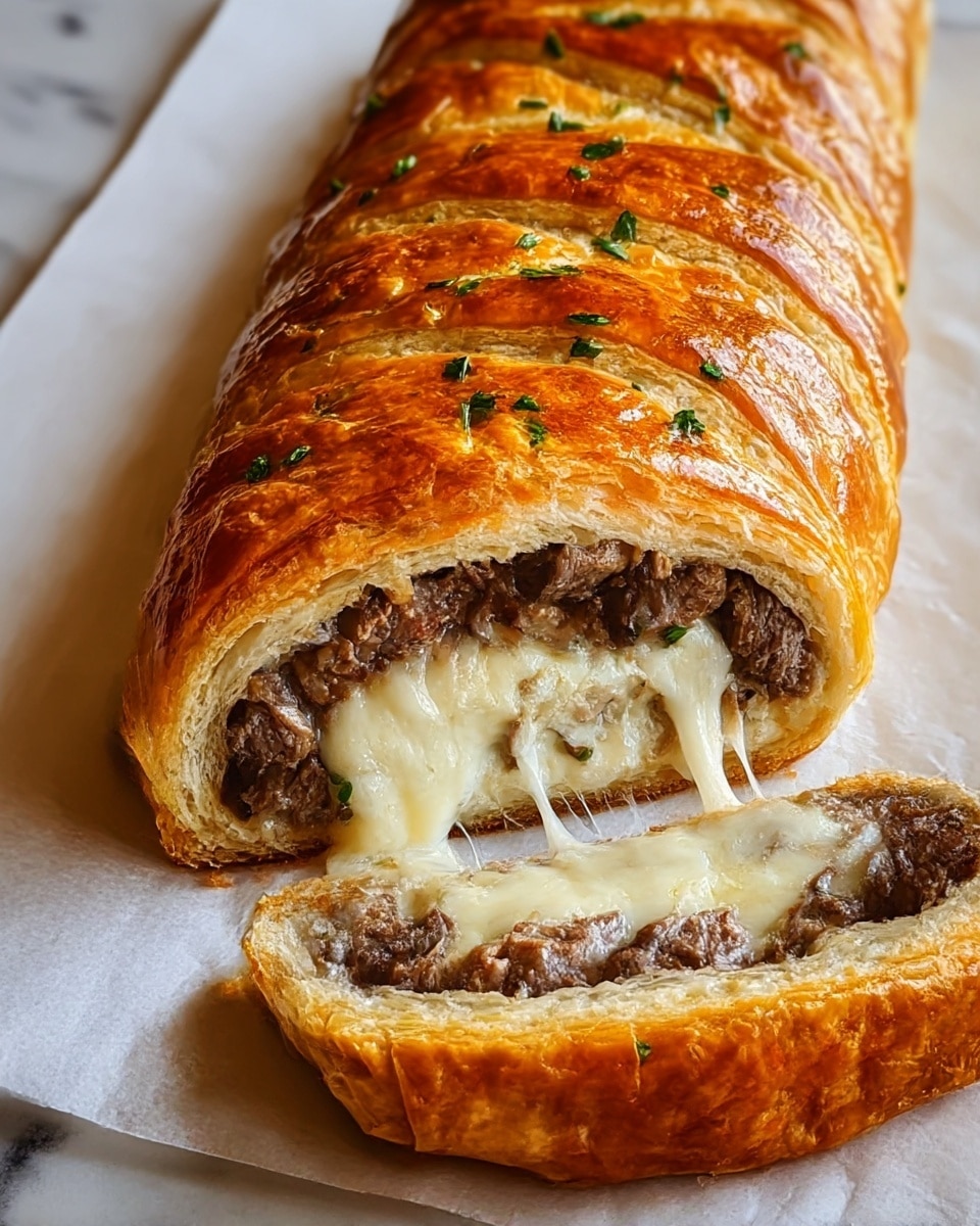 A golden brown pastry roll sliced open to reveal three layers inside: the outer flaky crust is shiny and crisp with a slightly glossy texture, the middle layer is filled with tender, juicy beef pieces that look moist and richly cooked, and the top layer inside is melted, creamy white cheese stretching slightly as the slice is pulled apart. The pastry roll is topped with small green herb pieces sprinkled evenly along the length. It sits on white parchment paper with a white marbled background partly visible, emphasizing the warmth and texture of the pastry. photo taken with an iphone --ar 4:5 --v 7