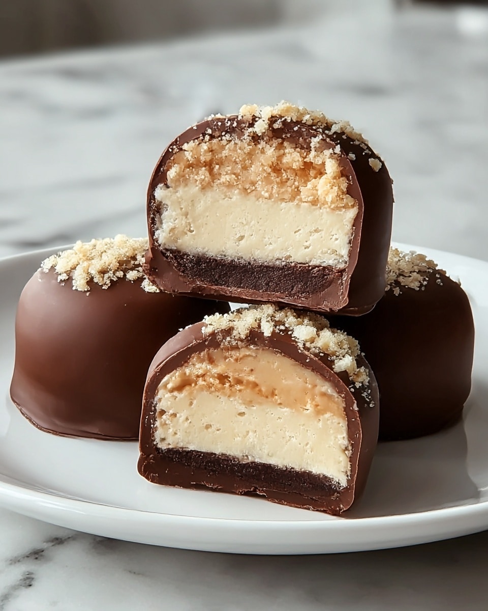 The image shows four round chocolate-covered treats on a white plate. Each treat has a smooth milk chocolate outer layer with a crumbly topping of light beige crumbs. One treat is cut in half and balanced on top of another, revealing three visible layers inside: a dark chocolate base, a thick creamy beige center, and a thin milk chocolate coating around it. The white plate sits on a white marbled surface. Photo taken with an iphone --ar 4:5 --v 7