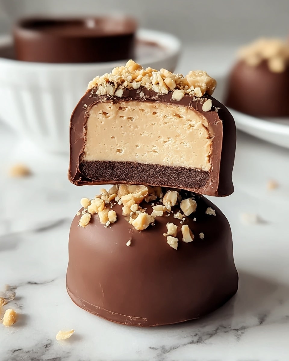 The image shows two smooth, round chocolate-covered treats stacked on a white marbled surface. The bottom layer is a whole treat covered in shiny milk chocolate, topped with crushed light tan nuts. The top layer is a half piece, revealing three inner layers: a thick outer milk chocolate shell, a soft creamy beige filling in the middle with a slightly grainy texture, and a thin dark layer at the base. More crushed nuts sprinkle the top of the half piece, enhancing its texture. In the background, there is a white bowl with a dark chocolate liquid, blurred out to keep the focus on the treats. Photo taken with an iphone --ar 4:5 --v 7