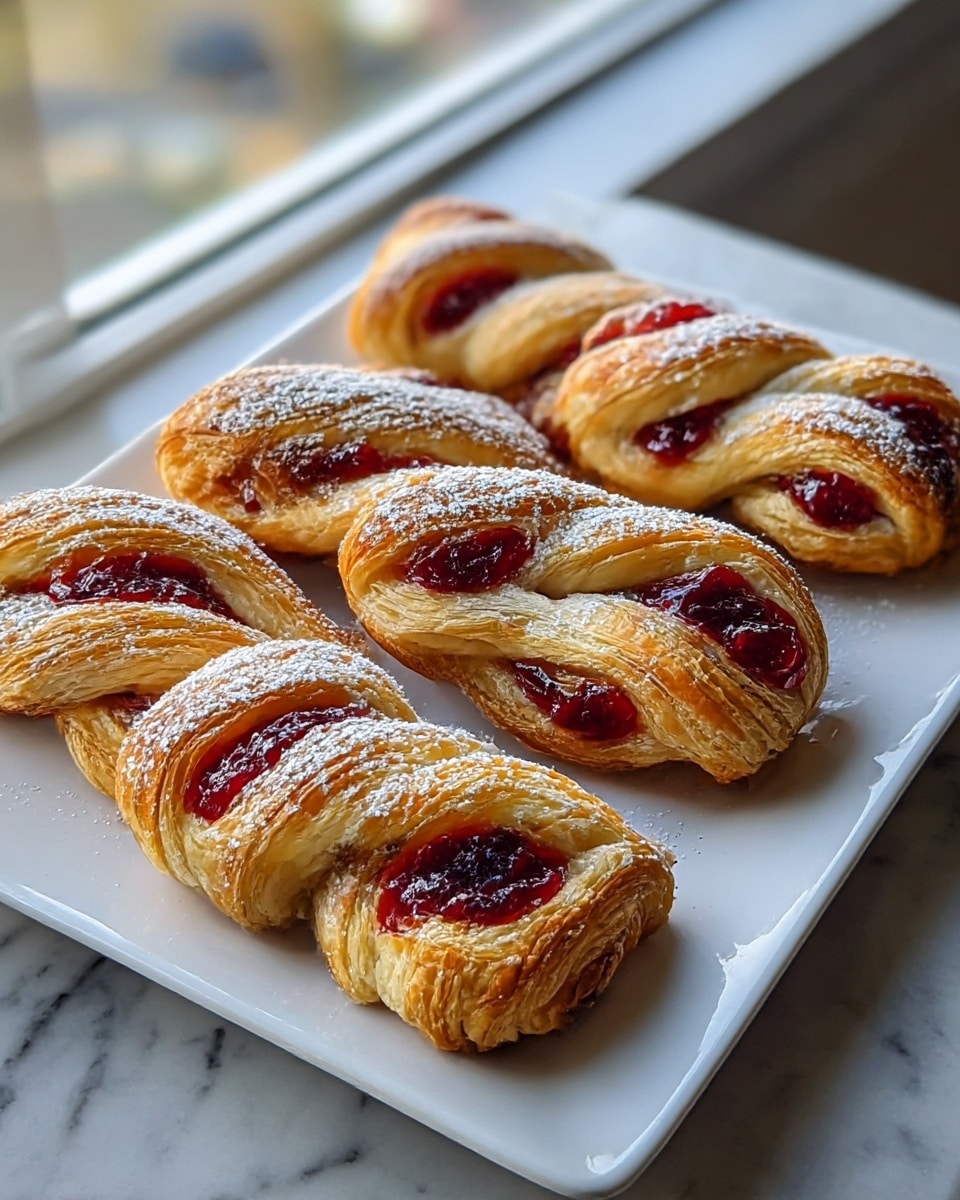 The image shows a white square plate holding six twisted pastries arranged in two neat rows. Each pastry has three visible layers of golden-brown, flaky puff pastry twisted around a dark red, glossy fruit filling visible in the gaps. The surface of the pastries is dusted lightly with white powdered sugar, which contrasts with the rich red filling. The puff pastry layers look crisp and slightly shiny, emphasizing the texture. The plate sits on a white marbled surface near a window with natural light softly illuminating the scene. Photo taken with an iphone --ar 4:5 --v 7