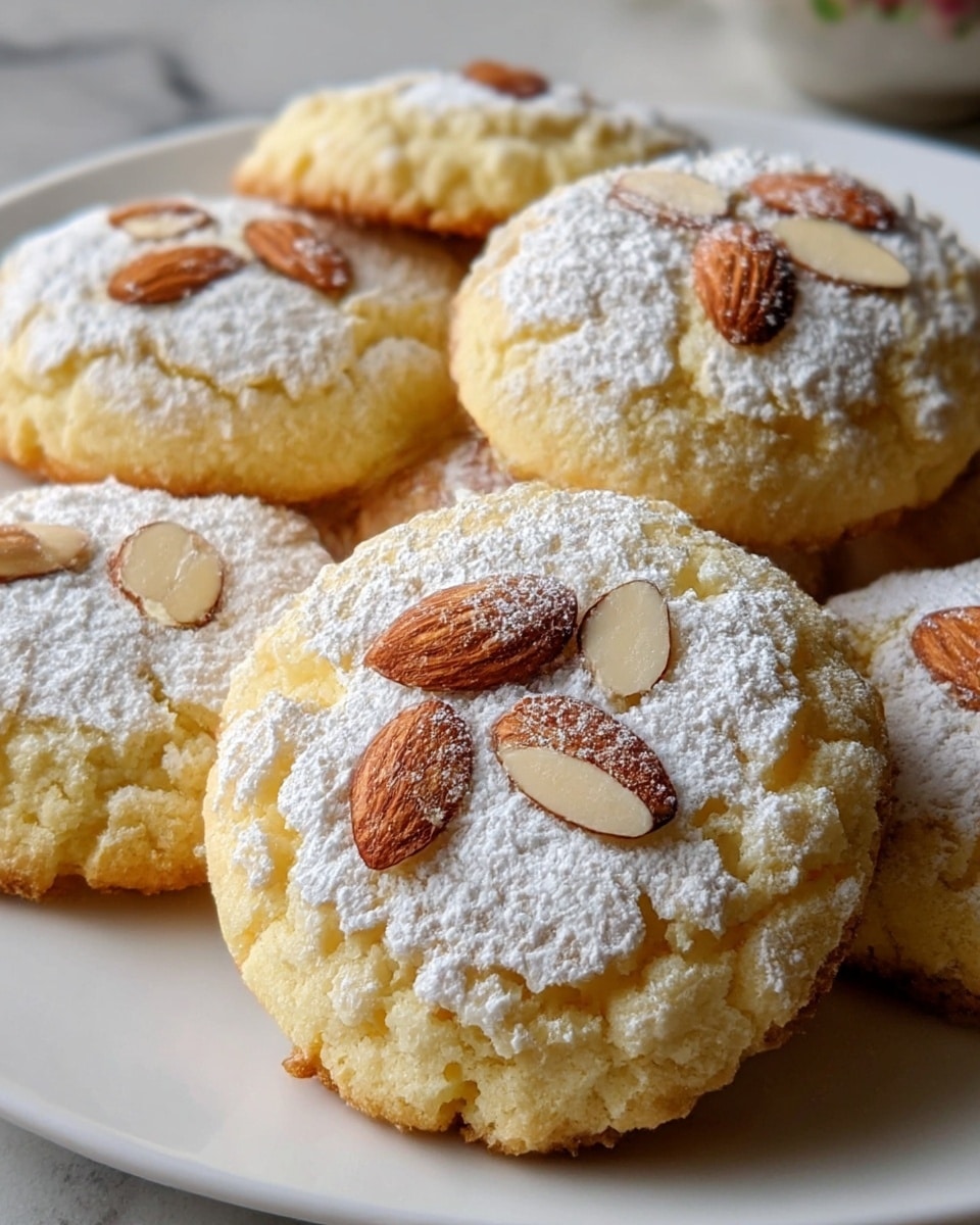 A close-up view of six round almond cookies placed on a white plate, each cookie having a rough, crumbly texture with a golden-brown bottom edge and creamy yellow top. The cookies are topped with white powdered sugar dusting covering most of the surface and several sliced and whole almonds scattered unevenly, giving a contrast of light brown and cream colors. The cookies are arranged so that some overlap each other slightly, showing a layered effect with the top cookie in sharp focus and the others softly blurred in the background. The plate sits on a white marbled surface. photo taken with an iphone --ar 4:5 --v 7