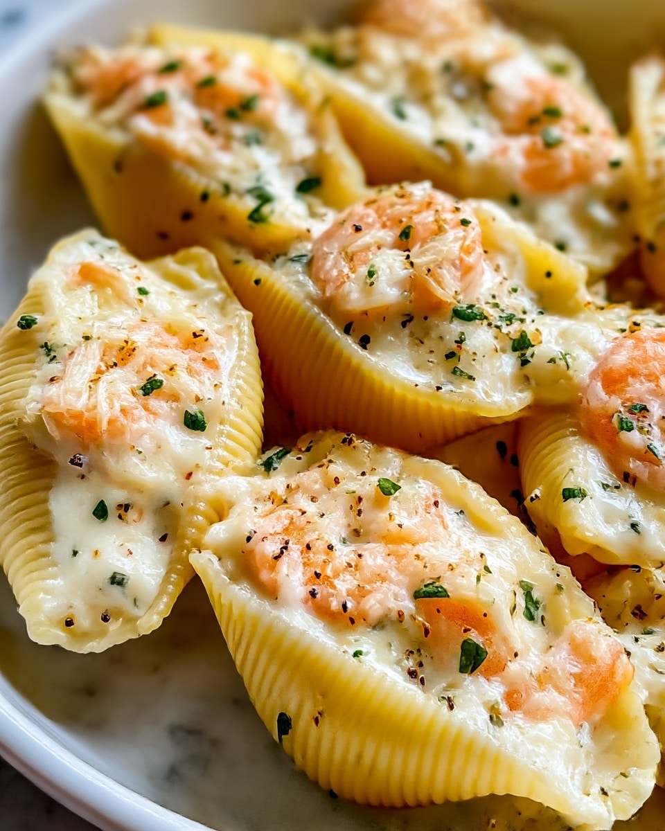The image shows a close-up of stuffed pasta shells arranged in a white bowl. Each shell is filled with a creamy white cheese mixture topped with small cooked shrimp that are pink-orange in color. The filling has a smooth and slightly bubbly texture with hints of melted cheese and finely chopped herbs scattered on top. The shells are light yellow with a ridged texture on the outside, holding the filling firmly. Small black pepper flakes and green herbs are sprinkled over the shells, adding contrast and detail. The bowl sits on a white marbled surface, and the photo is brightly lit, highlighting the creamy and rich textures of the pasta dish. photo taken with an iphone --ar 4:5 --v 7