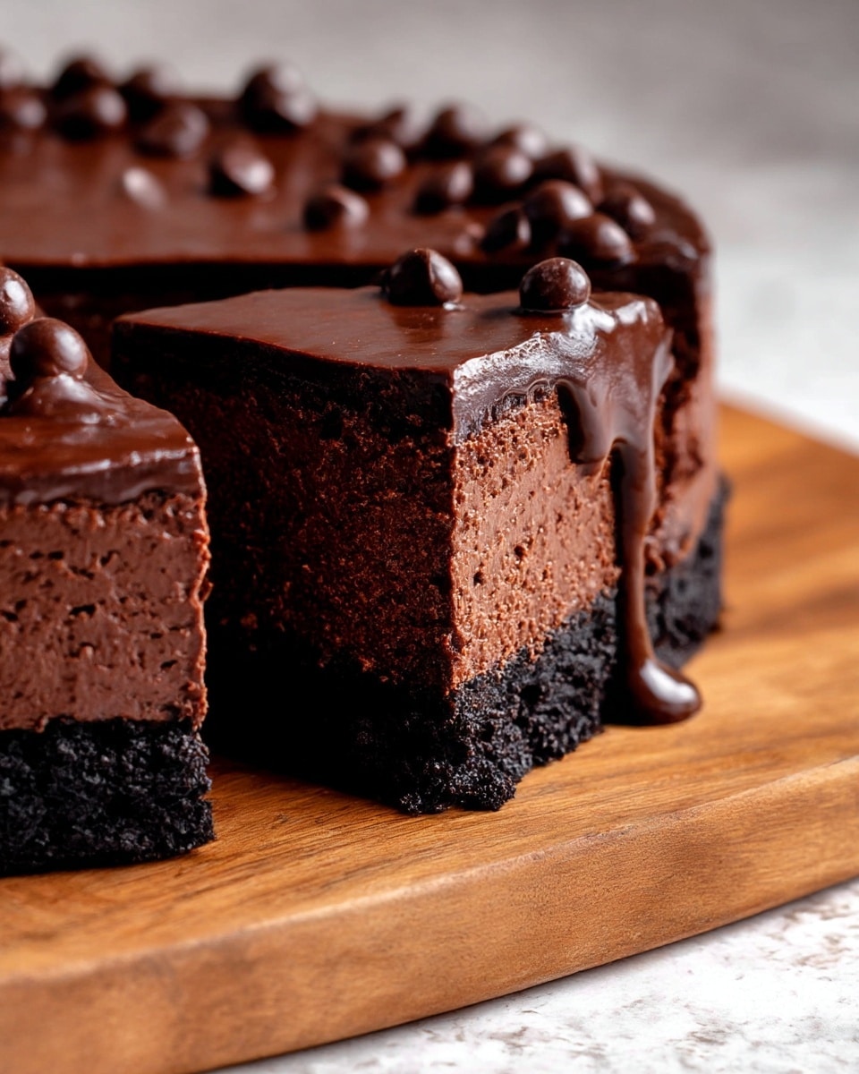 A close-up of a rich chocolate cake with three distinct layers, placed on a wooden board over a white marbled textured surface. The bottom layer is dark and crumbly, resembling a cookie crust, the middle layer is a thick, dense, and moist chocolate cake with a slightly rough texture, and the top layer is a smooth, glossy chocolate ganache spread thickly, decorated with small round chocolate balls scattered on the surface. Part of the cake is cut, showing a moist, dense inside with the chocolate ganache gently dripping down the side. Photo taken with an iphone --ar 4:5 --v 7