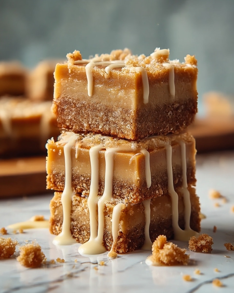 Three square dessert bars are stacked on top of each other, each with two layers: the bottom layer is textured and crumbly in a brown shade, while the top layer is smooth and caramel-colored. The bars have a drizzle of light cream-colored sauce running down the sides, and small pieces of crumbly topping sit on and around them. The background is blurred with a white marbled texture under the stack. Photo taken with an iphone --ar 4:5 --v 7