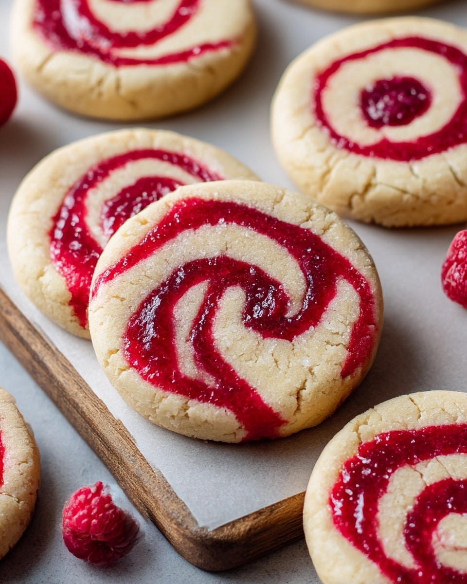 The image shows several round cookies placed closely together on a rectangular wooden board. Each cookie has a beige base with a cracked texture and is decorated with a vibrant, deep red swirl that looks like raspberry sauce, with some whole raspberries embedded in the swirls. The red pattern creates a marbled effect on the surface of the cookies, making each one look unique, and the raspberries add a pop of color and a fresh texture. photo taken with an iphone --ar 4:5 --v 7