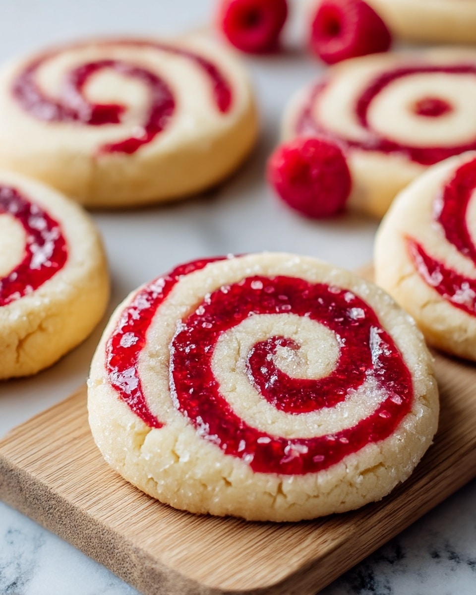 The image shows several round cookies on a wooden cutting board against a white marbled background. Each cookie has two layers: a light beige dough base that looks soft and slightly cracked, and a vibrant red raspberry swirl on top that appears glossy and juicy with whole raspberries embedded in the swirl. The red swirl pattern varies in shape but is always concentrated toward the center or side of each cookie, giving a marbled effect. The cookies are close together, filling the wooden board, and the overall look is fresh and appetizing. Photo taken with an iphone --ar 4:5 --v 7