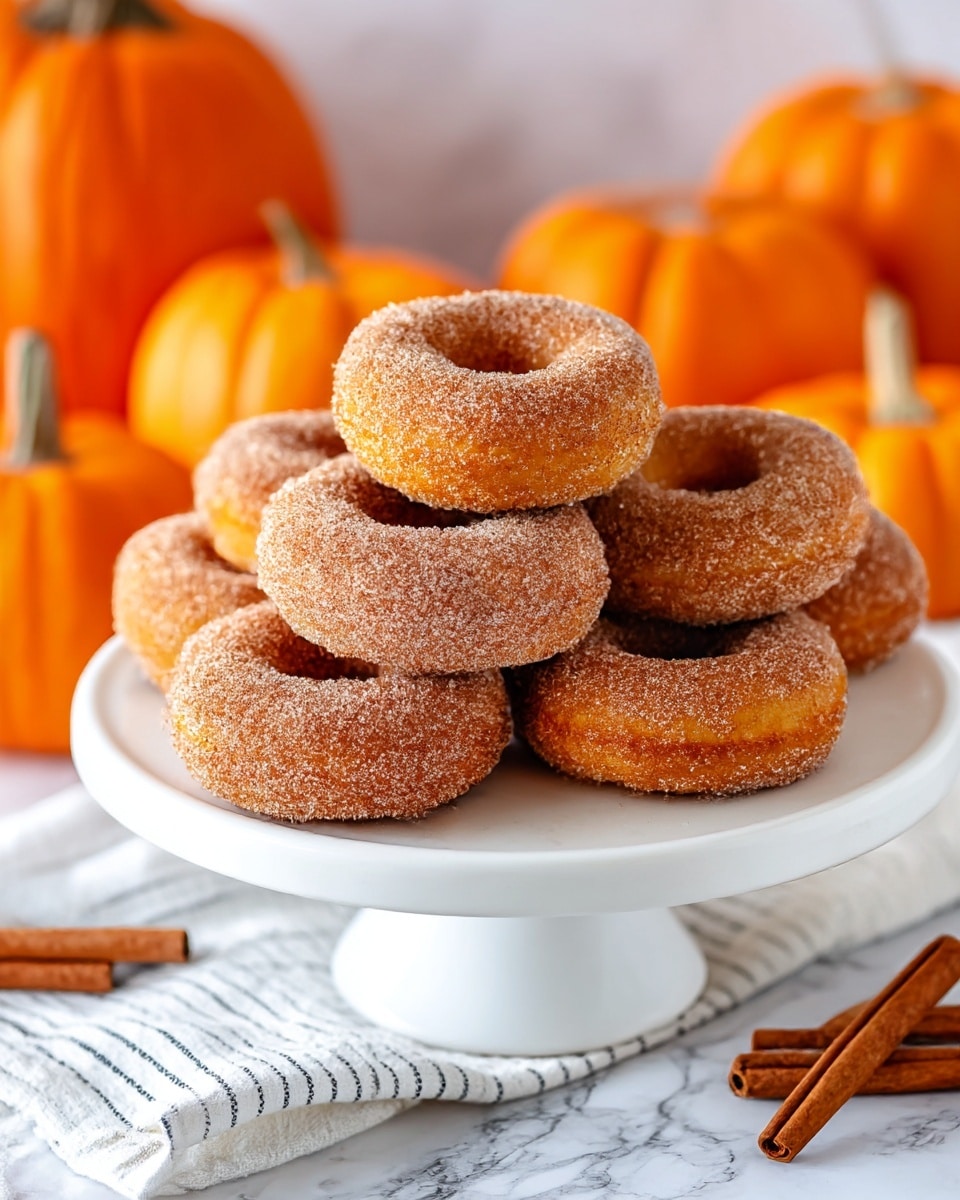 The image shows a white cake stand holding seven cinnamon sugar-coated donuts, each donut with a golden brown color and a rough sugary texture that covers their entire surface. They are stacked slightly on top of each other in a casual arrangement. In the background, there are several medium-sized orange pumpkins and cinnamon sticks, all placed on a white marbled surface. A white cloth with thin black stripes is partially visible at the base of the cake stand. The warm orange and brown tones of the donuts, pumpkins, and cinnamon sticks contrast softly with the clean white elements and background. photo taken with an iphone --ar 4:5 --v 7
