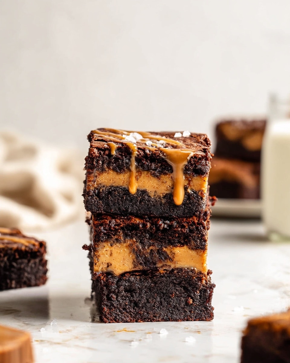 A close-up view of square brownie pieces arranged in a grid on a white marbled surface, each brownie having three layers: a dark, moist chocolate bottom layer, a middle caramel layer with a smooth texture visible in the lifted piece, and a top layer of golden-brown brownie crust with a crunchy texture. The brownies are drizzled with light brown caramel sauce in thin lines, and some have coarse salt flakes scattered on top. One brownie piece is lifted, showing the distinct three layers clearly from the side. Photo taken with an iphone --ar 4:5 --v 7