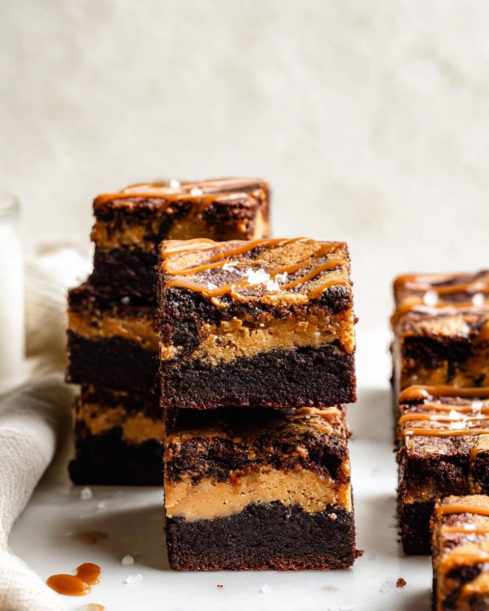 A close-up image showing a stack of three thick brownie squares, each with three dark chocolate layers separated by gooey light brown peanut butter filling. The top brownie has drizzles of peanut butter running down the sides, with a smooth, shiny texture and some flakes of salt on its surface. The brownies are placed on crinkled beige paper with a blurred background of similar stacks. The image feels rich and creamy with a mix of dark chocolate and golden peanut butter colors. photo taken with an iphone --ar 4:5 --v 7