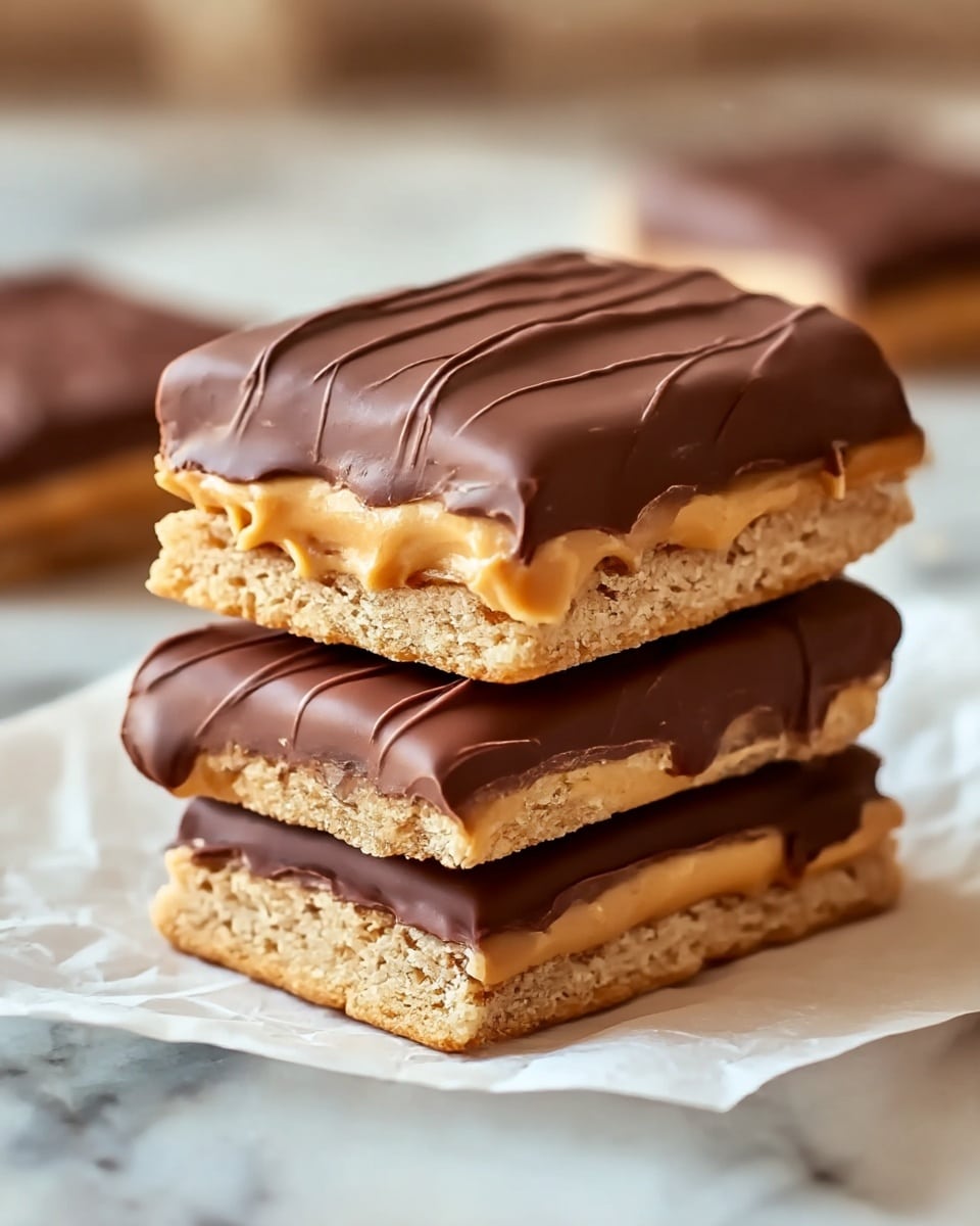 A close-up of three stacked squares of a dessert with three layers each: the bottom layer is a light brown crispy cracker, the middle layer is a smooth creamy caramel that slightly oozes out from the sides, and the top layer is a shiny dark brown chocolate with light lines drizzled across. The squares rest on a crinkled white paper on a white marbled textured surface, with soft focus on the background. Photo taken with an iphone --ar 4:5 --v 7