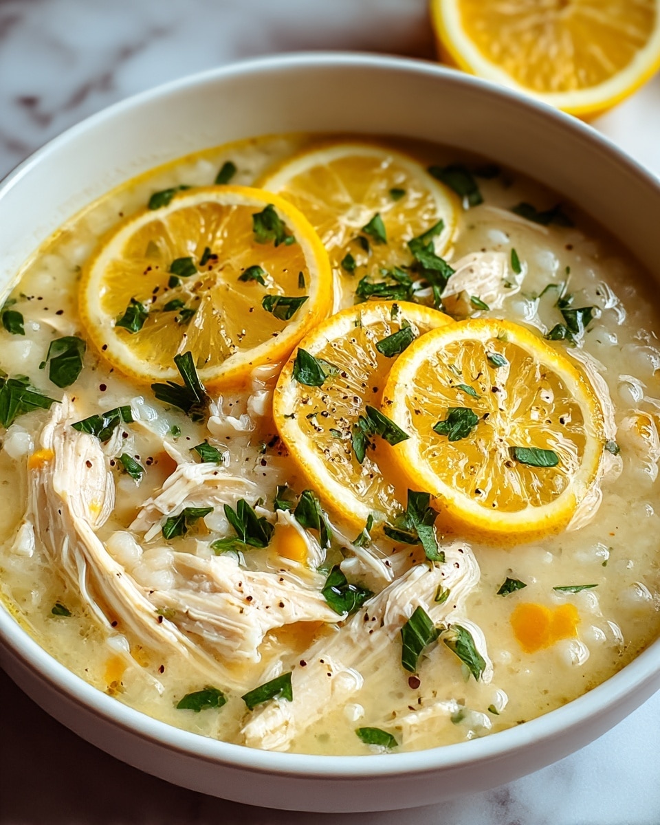A white bowl filled with creamy chicken and rice soup, showing soft white shredded chicken pieces and tender rice in a pale yellow broth. On top, there are several thin bright yellow lemon slices partially submerged, sprinkled with finely chopped fresh green herbs and small bits of black pepper. The bowl sits on a white marbled surface, with a bright lemon half visible in the background. The soup looks warm and comforting, with a smooth texture and fresh garnishes. photo taken with an iphone --ar 4:5 --v 7