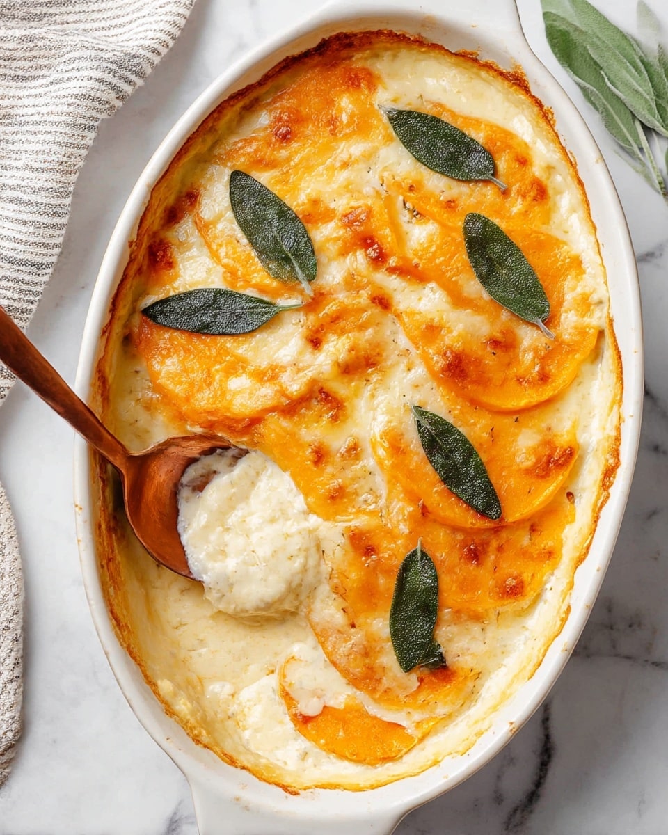 A white oval baking dish holds a layered butternut squash gratin with about five visible layers. The layers alternate between soft, bright orange squash slices and creamy white sauce. The top layer is bright orange squash with browned, melted cheese spots and dark green fried sage leaves scattered across. A copper spoon rests inside the dish, with part of it under the bottom layer of sauce, showing the creamy texture. The dish is set on a white marbled surface with a striped cloth partially visible to the side. Photo taken with an iphone --ar 4:5 --v 7