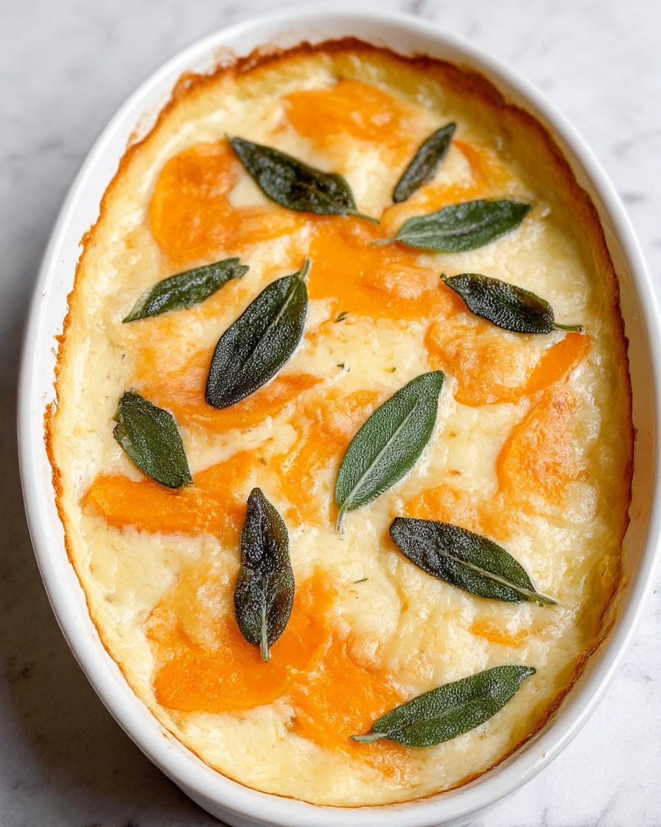 The dish is a baked gratin served in a white oval ceramic dish placed on a white marbled surface. It has three visible layers of soft, bright orange slices, likely butternut squash or sweet potato, evenly layered and slightly overlapping in two rows from front to back. These orange layers are mostly covered with a thick creamy white sauce that has a smooth and slightly bubbly texture. On top of the dish are scattered whole green sage leaves, some crisp and darkened from baking, adding a touch of color contrast. The edges of the dish show a slight browning from baking, and the overall presentation looks warm and inviting. photo taken with an iphone --ar 4:5 --v 7