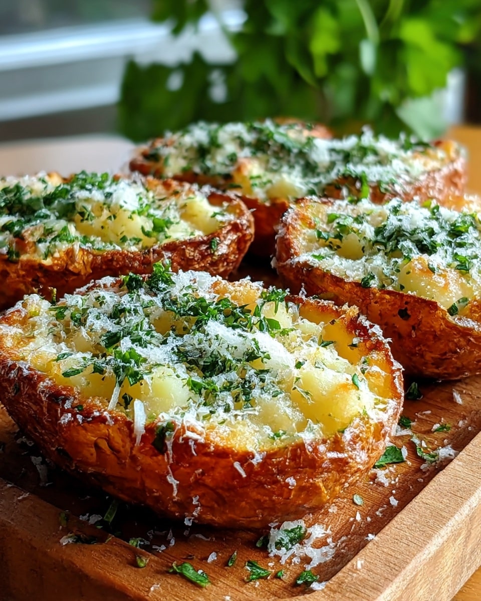 The image shows four crispy potato skins arranged close together on a wooden board, each with three visible layers: the outer layer is a deep golden-brown, crisp potato shell; the middle layer inside is a soft, mashed potato colored light yellow with a slightly rough texture; the top layer is sprinkled with finely chopped fresh green herbs and white grated cheese, giving a contrast of vibrant green and snowy white over the yellow and brown layers. The background has a blurred hint of green leaves and a window. Photo taken with an iphone --ar 4:5 --v 7