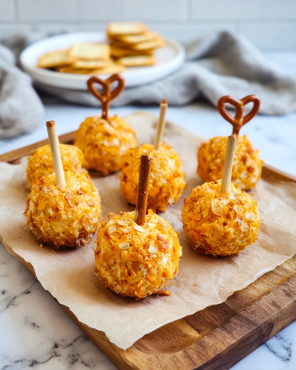Seven small cheese balls are arranged on a piece of light brown parchment paper over a wooden tray. Each cheese ball is round, coated with crushed orange cheese pieces giving a rough texture, and has a small pretzel stick inserted at the top like a stem. In the background, there is a white plate that holds a few crackers, with a soft gray and white cloth nearby. The whole setting is on a white marbled surface. photo taken with an iphone --ar 4:5 --v 7