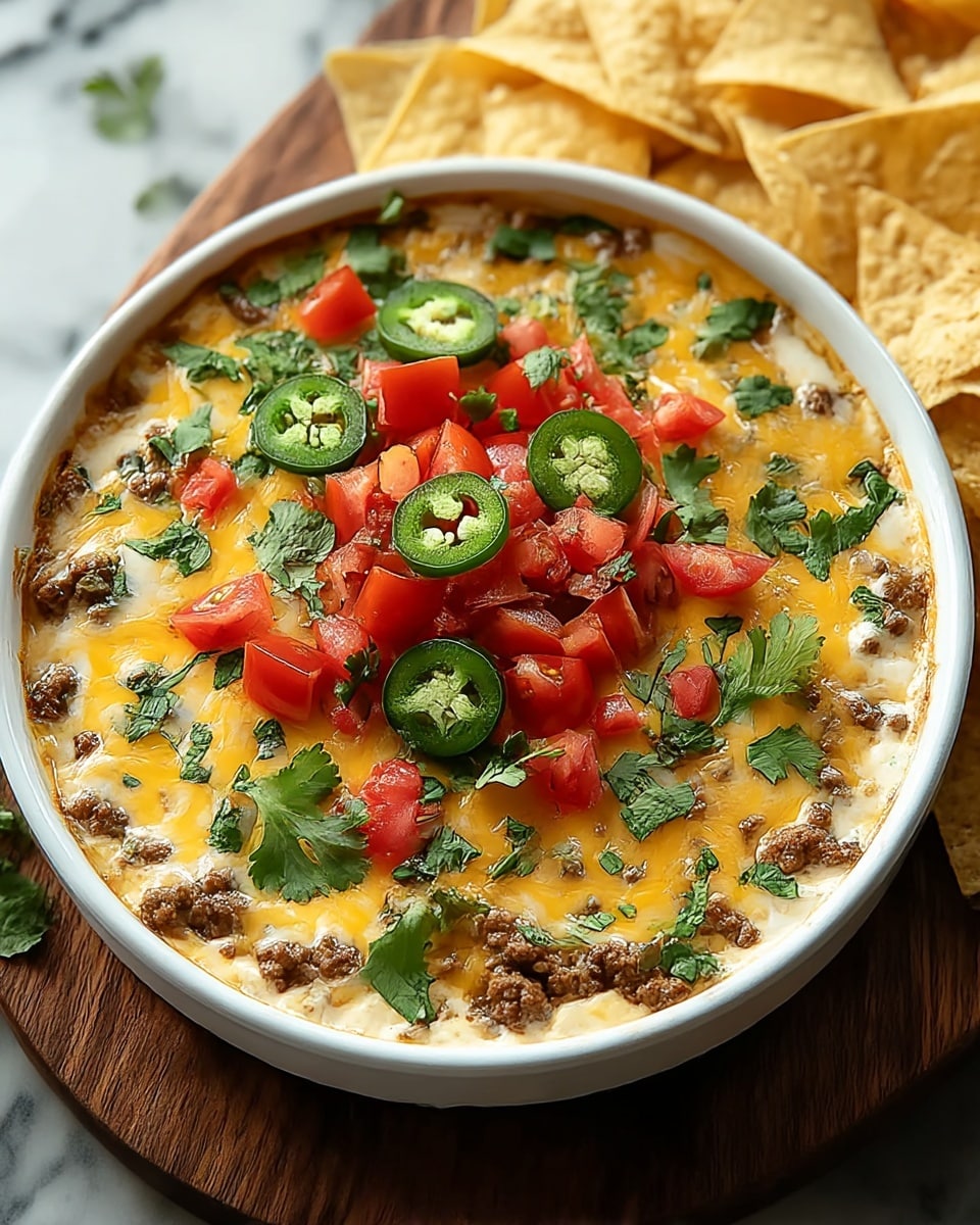 A white round dish filled with a creamy layered dip. The bottom layer looks like cooked ground meat with a slightly brown texture, covered by a thick layer of melted cheese in yellow and white shades. On top, there are fresh chopped red tomatoes, green jalapeño slices, and bright green cilantro leaves scattered evenly across the surface. The dish sits on a wooden board with some light-yellow tortilla chips in the background on a white marbled texture. Photo taken with an iphone --ar 4:5 --v 7