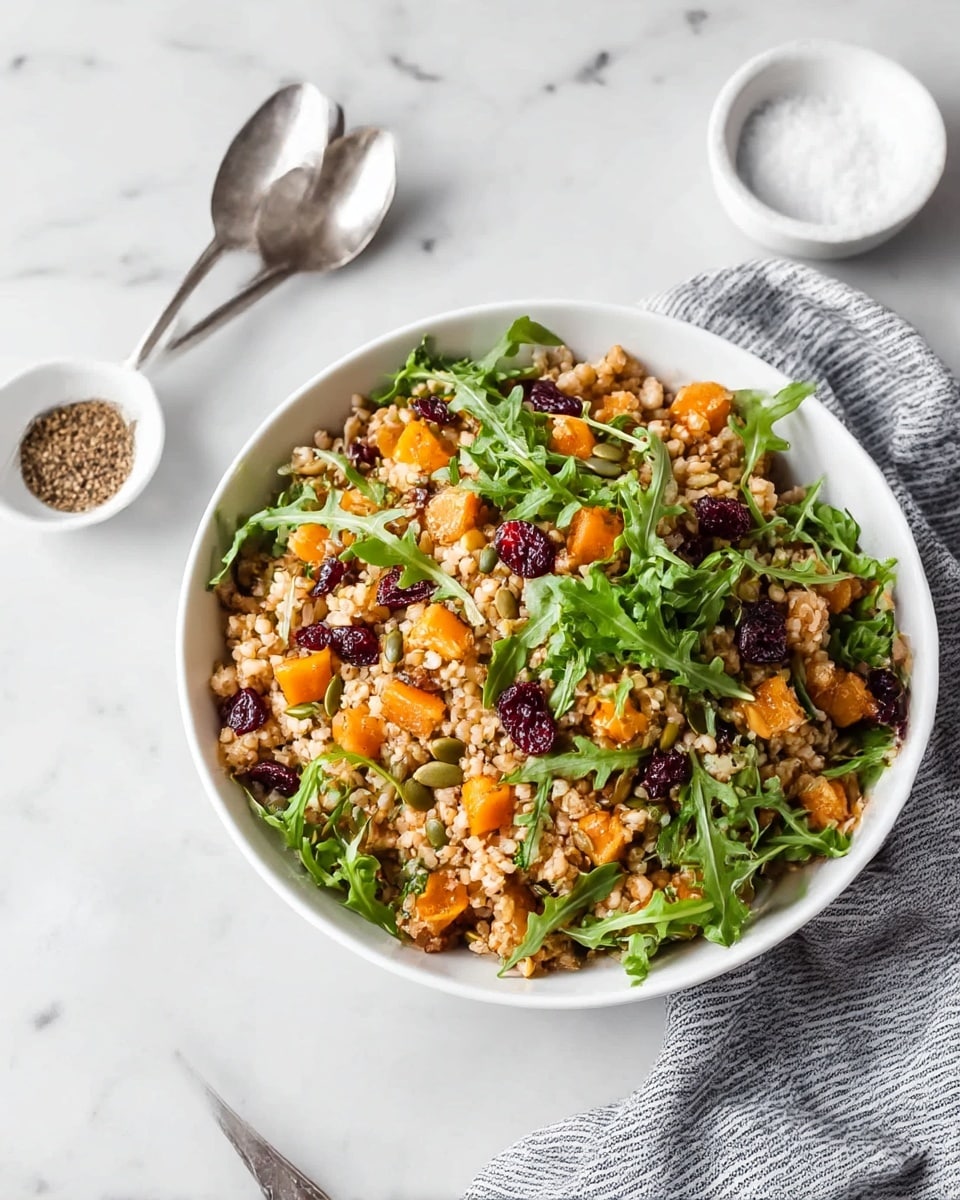 The image shows a white bowl filled with a mixed grain salad. The salad has a base layer of light brown grains, with small orange cubes scattered evenly throughout. On top of this, there are bright green arugula leaves placed in a loose, natural way. Dark red dried cranberries and some green seed-like elements are mixed in among the grains and greens. The bowl sits on a white marbled surface with a striped cloth napkin tucked partially underneath. Nearby, there are two silver spoons and two small white bowls—one containing dried seasonings, the other a white flaky substance. Photo taken with an iphone --ar 4:5 --v 7