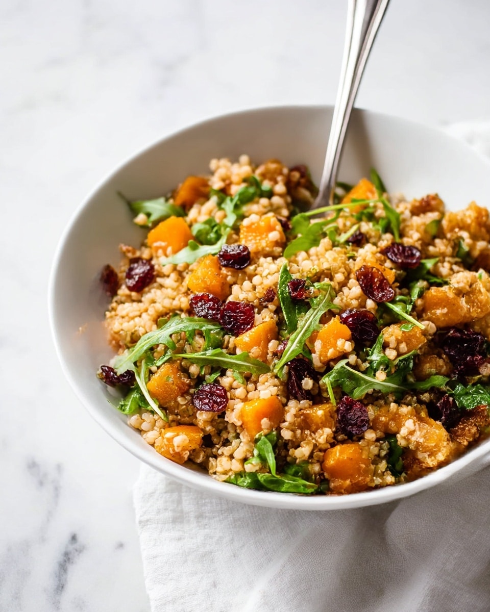 A white bowl filled with a grain salad is shown, containing a base layer of light brown cooked grains, mixed with bright orange cubes of roasted squash, dark red dried cranberries, and fresh green arugula leaves scattered throughout. A silver spoon stands upright in the bowl, partially immersed in the salad. The bowl is placed on a white marbled surface with a white cloth partially visible underneath. The overall look is colorful and fresh, with a mix of soft and crisp textures photo taken with an iphone --ar 4:5 --v 7