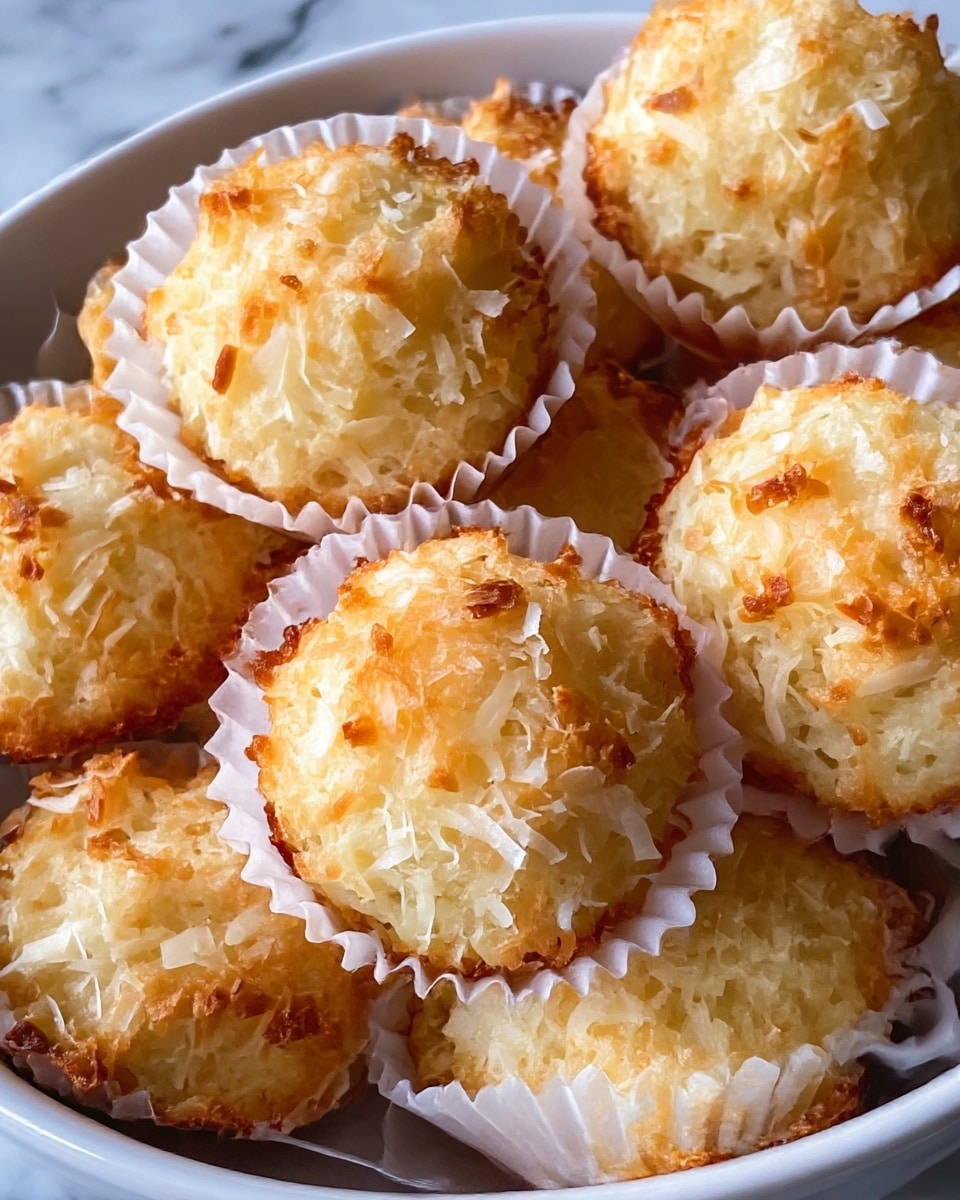 The image shows several golden brown coconut macaroons with a lightly toasted texture on top, sitting close together inside white paper liners. The macaroons have a rough and crumbly look with visible shredded white coconut pieces scattered across the surface. They rest inside a white bowl that contrasts with the warm color of the macaroons, all placed on a white marbled surface. photo taken with an iphone --ar 4:5 --v 7