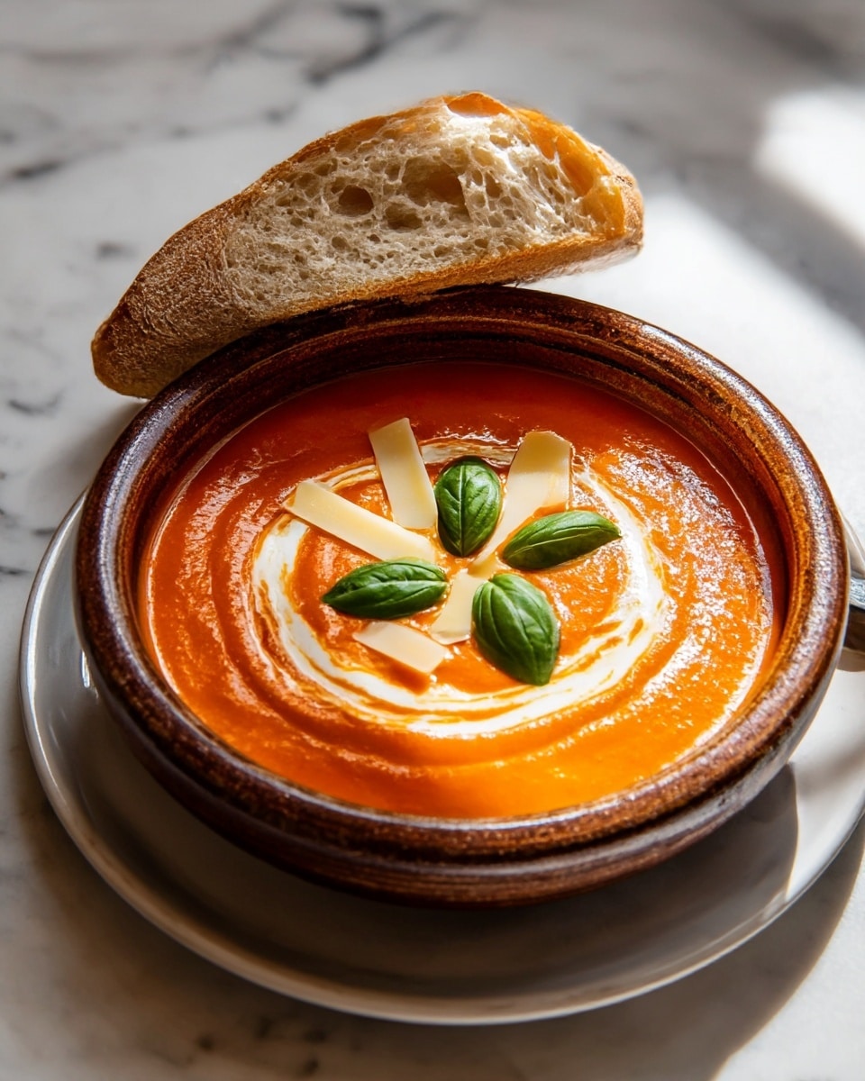 A bowl of smooth tomato soup with a rich orange-red color swirled with a thin ring of white cream in the center, topped with three green basil leaves and a few thin pale yellow cheese shavings. The bowl is rustic brown with a rough texture, placed on a white plate, which rests on a white marbled surface. A piece of crusty bread with a light golden crust and soft airy inside leans on the bowl's edge. Photo taken with an iphone --ar 4:5 --v 7