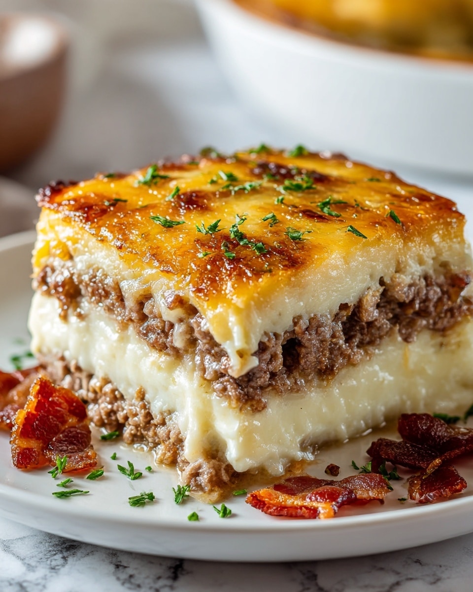 A close-up of a layered dish on a white plate, showing four clear layers: a crispy, golden-brown top layer with melted cheese dotted with green herbs and browned spots, beneath it a thick white creamy layer, followed by a cooked minced meat layer with a crumbly texture and some browned bits, then another thick white creamy layer at the bottom. Small pieces of crispy bacon and green herbs are scattered on the plate around the slice. The background features a white marbled texture and there is a bowl blurred in the distance. Photo taken with an iphone --ar 4:5 --v 7
