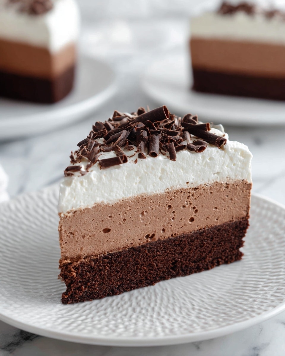 A slice of three-layer chocolate mousse cake sits on a white plate with a textured pattern. The bottom layer is a dark, dense chocolate cake with a slightly rough texture. Above it is a thick middle layer of light brown chocolate mousse, smooth and airy with small bubbles visible. The top layer is a thick, white whipped cream topped with curled dark chocolate shavings scattered unevenly, adding a decorative touch. In the background, a blurred slice of chocolate cake is visible on another white plate, all set against a white marbled surface. Photo taken with an iphone --ar 4:5 --v 7