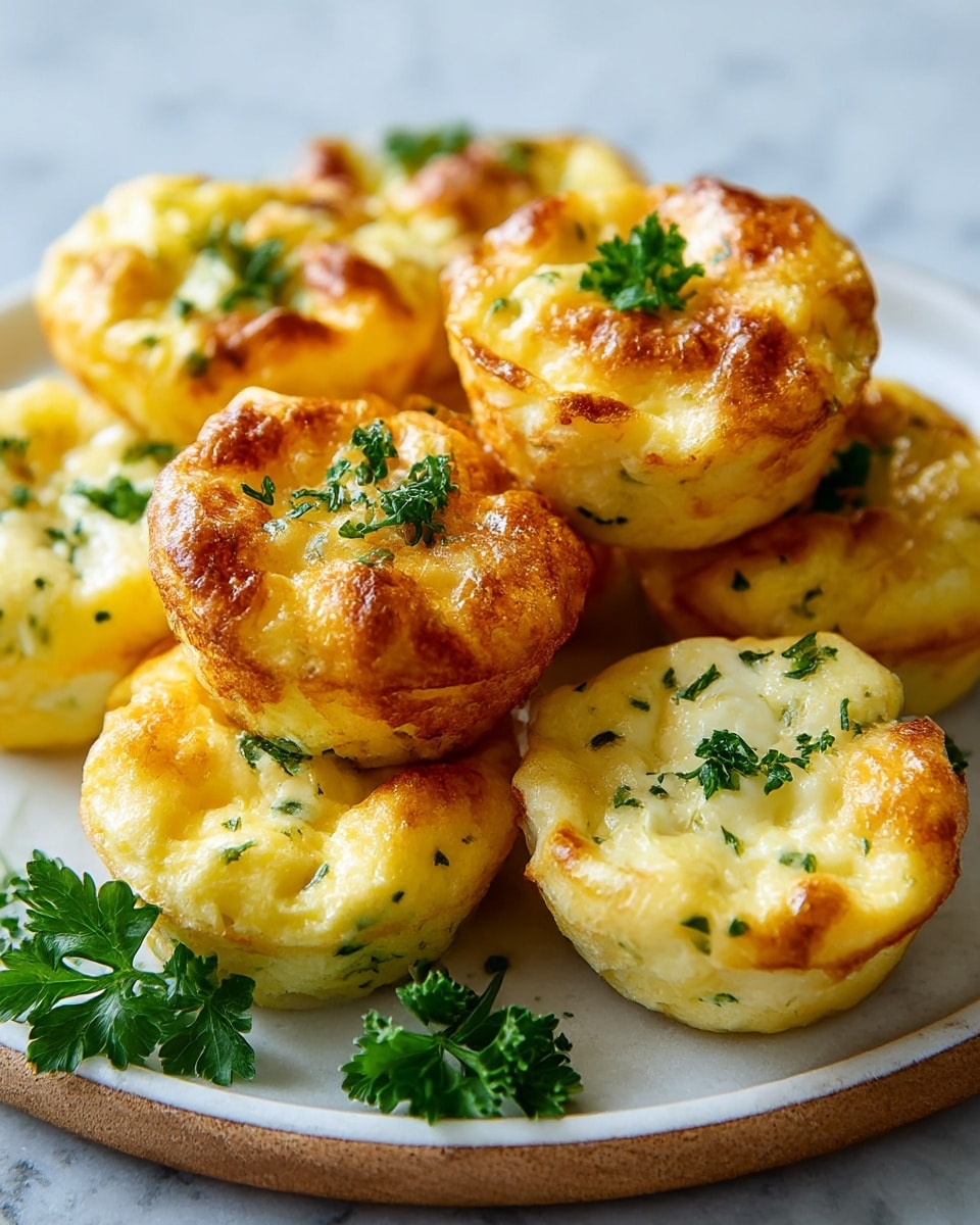 The image shows a close-up of mini egg muffins arranged on a round white plate with a white marbled surface underneath. Each muffin has a golden brown crust on top and around the edges, with a soft yellow and white interior dotted with small green herbs. The muffins have a slightly uneven top surface with browned spots that add texture and color contrast. Fresh green parsley is used as garnish scattered on top and also placed beside the muffins on the plate. The light source highlights the shiny, slightly crispy surface of the muffins, giving them a fresh, warm appearance. photo taken with an iphone --ar 4:5 --v 7