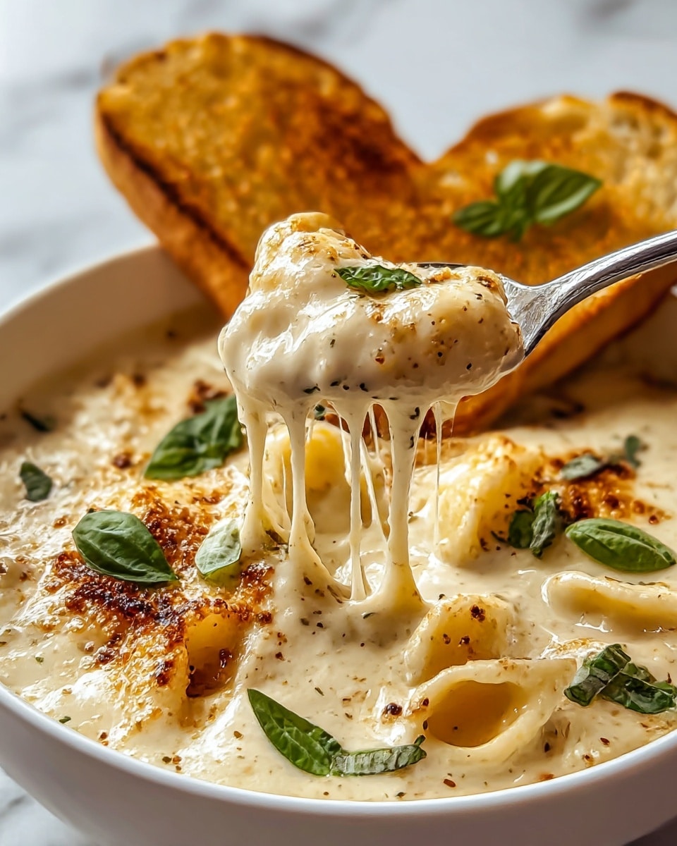 A white bowl filled with creamy, cheesy pasta covered in a thick, smooth white sauce with browned, crispy cheese bits on top; several pieces of pasta have visible holes and a stretchy, gooey texture as a spoon lifts a cheesy bite from the bowl. Fresh green basil leaves are scattered across the surface, and two toasted slices of golden brown bread rest at the back of the bowl. The bowl sits on a white marbled surface. Photo taken with an iphone --ar 4:5 --v 7