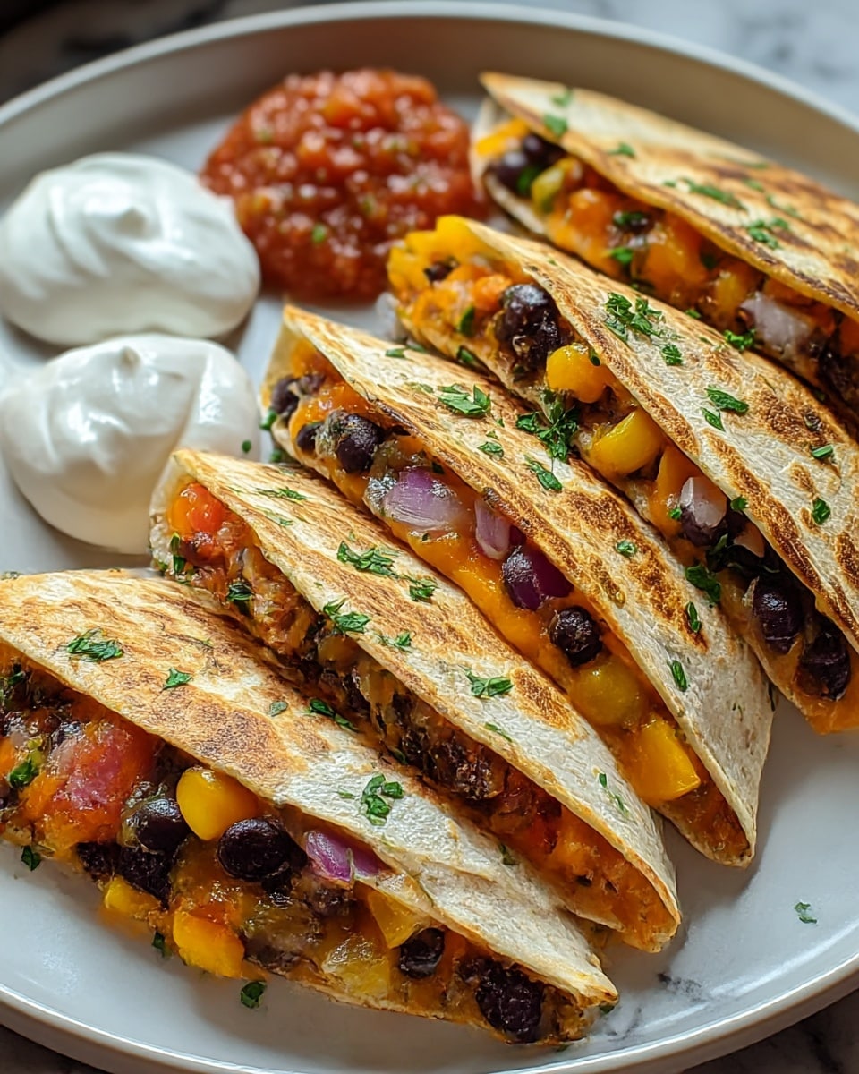 Four quesadilla pieces sit in a row on a white plate, each folded in half showing three visible layers inside: melted orange cheddar cheese, black beans, and diced vegetables including purple onions and yellow peppers. The outside of the tortillas is golden brown with toast marks and sprinkled with fresh green chopped herbs. On the left side of the plate there are two dollops, one smooth white sour cream and one chunky light red salsa. The plate rests on a white marbled surface with soft natural light highlighting the textures. photo taken with an iphone --ar 4:5 --v 7