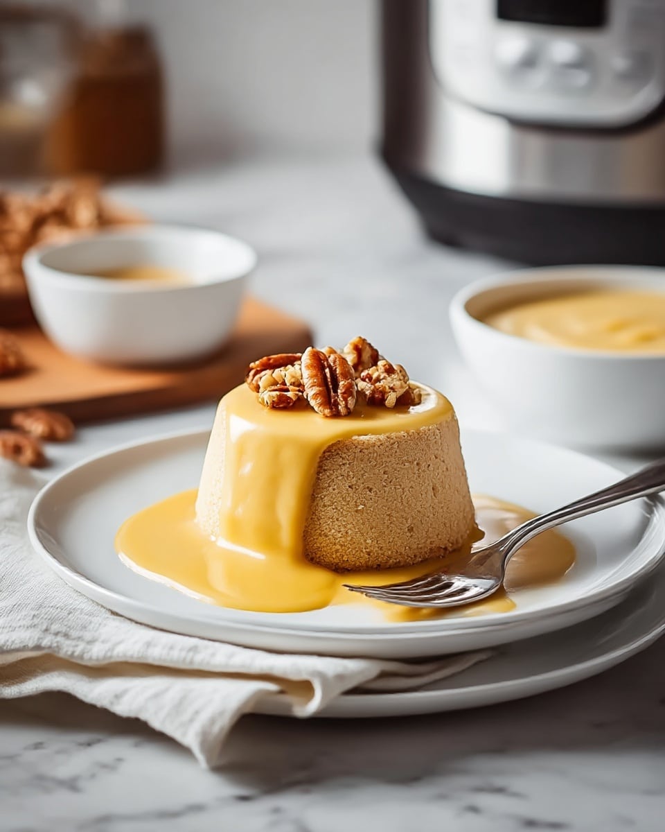 A clear glass bowl filled with smooth, creamy orange pumpkin puree sits on a white plate. The puree is topped with a swirl of white whipped cream, sprinkled with brown crumbs, and finished with two bright green mint leaves standing upright in the center. The bowl is placed on a natural burlap cloth over a wooden table with a few dark brown spices beside the plate. In the background, there are small orange and white pumpkins and a stainless steel pressure cooker against a white marbled surface. photo taken with an iphone --ar 4:5 --v 7