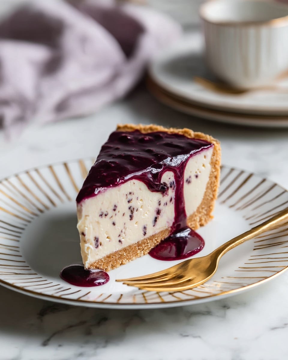 A slice of pie sits on a white plate with gold trim and vertical gold stripes, placed on a white marbled surface. The pie has three layers: a light brown crumbly crust forming the base and sides, a thick creamy off-white filling with small dark specks inside, and a shiny deep purple topping that is dripping down the side onto the plate. Next to the pie slice is a gold fork. In the blurred background are part of a cup and a plate with a folded lavender cloth. Photo taken with an iphone --ar 4:5 --v 7