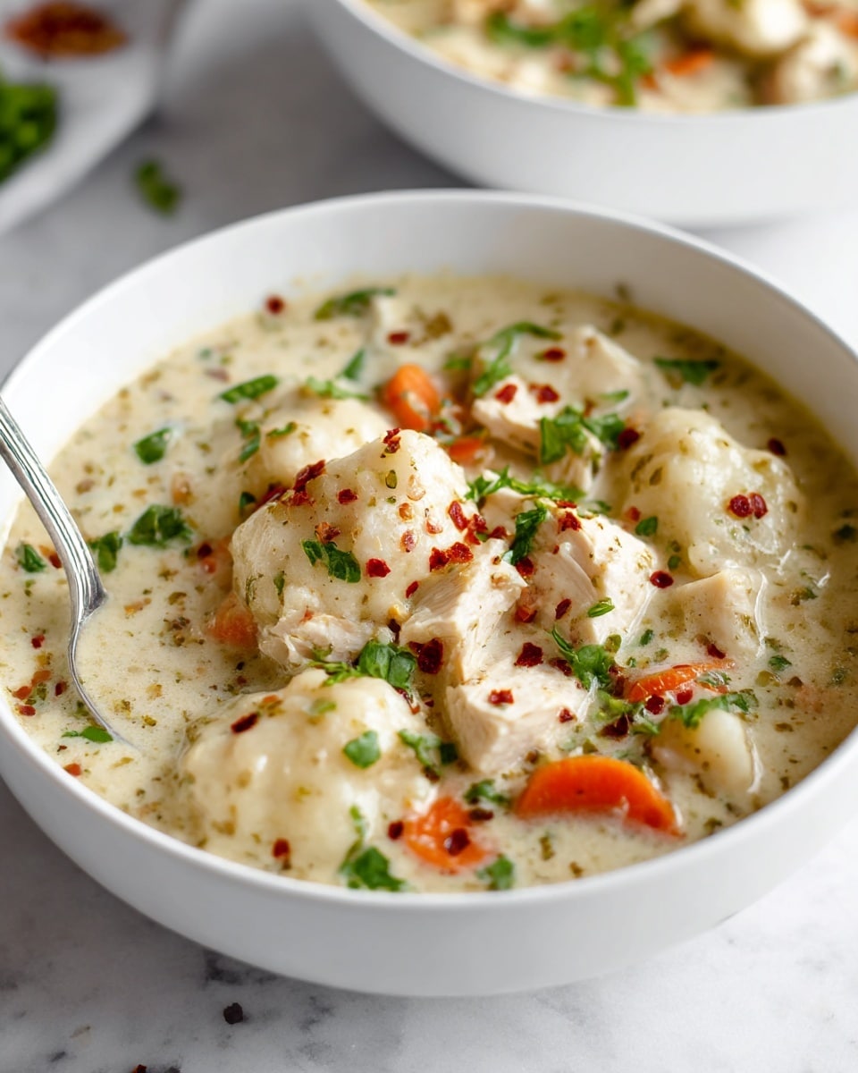 The image shows a white bowl filled with creamy chicken and dumplings soup. The dish has chunks of white chicken pieces and soft, pale dumplings that sit in a thick, off-white broth. Orange carrot slices are scattered throughout. Fresh green herbs are sprinkled on top, adding bright color along with small red chili flakes. A spoon is partially visible in the bowl. The bowl is placed on a white marbled surface with another similar bowl blurred in the background. photo taken with an iphone --ar 4:5 --v 7