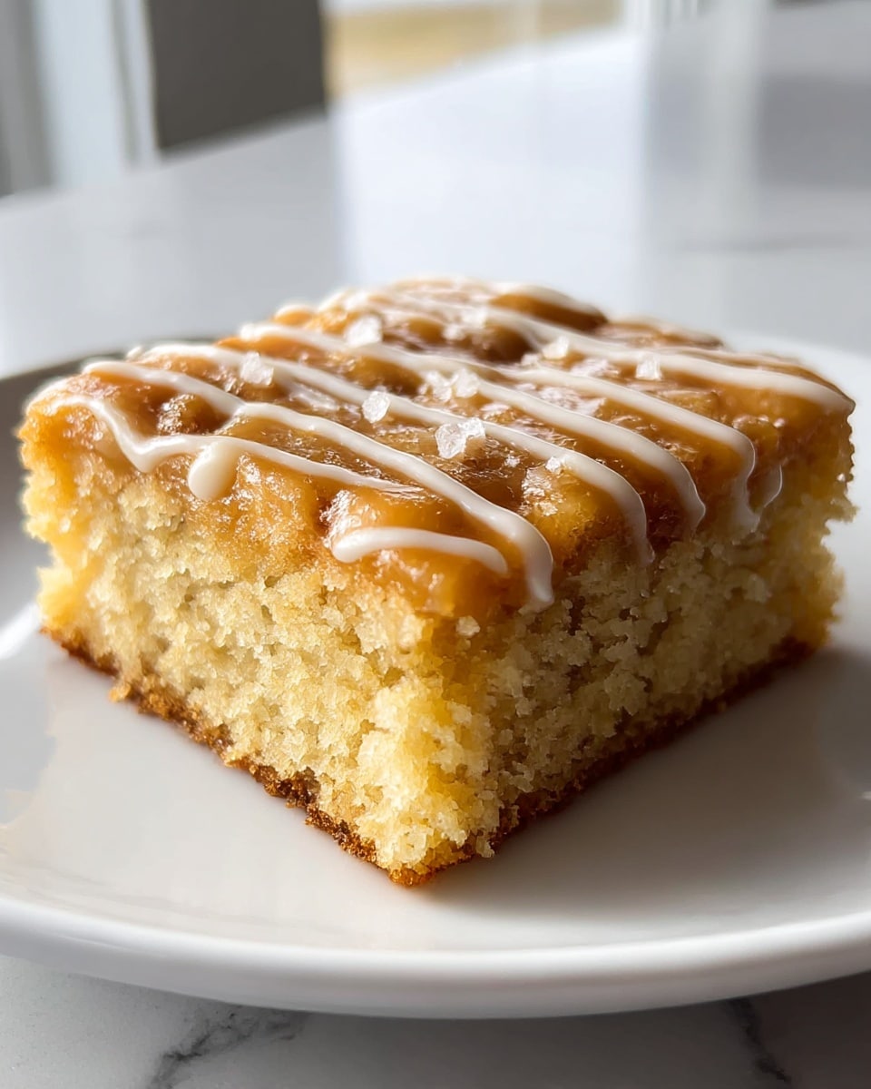 A close-up of a single square piece of cake on a white plate, showing a thick, light golden brown base layer with a soft, crumbly texture. On top, a shiny, slightly darker caramel-like glaze covers the whole surface, decorated with light white icing drizzled in thin lines across the top and a few small coarse salt crystals sprinkled on it. The background has a bright soft light coming in, and the whole scene sits on a white marbled surface. photo taken with an iphone --ar 4:5 --v 7