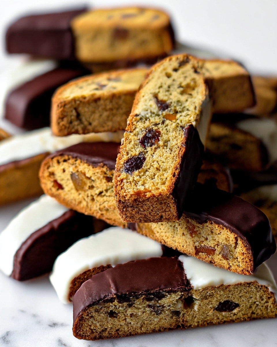 The image shows a close-up of several biscotti pieces stacked together on a white marbled surface. Each biscotti is golden brown with a crumbly texture and visible bits of dried fruit inside. The bottom half of most biscotti is dipped in dark chocolate, which looks smooth and shiny. Some biscotti have a contrasting bottom half coated in white chocolate, which is creamy and smooth. The biscotti pieces highlight their rough textured top half and glossy dipped bottom half, with layers of golden biscuit and dark or white chocolate making a clear visual contrast. Photo taken with an iphone --ar 4:5 --v 7