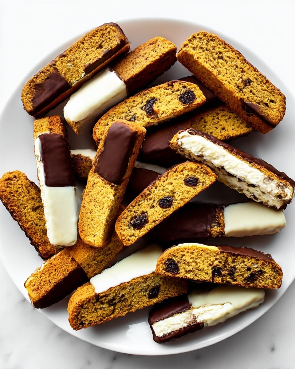 A white plate filled with two types of biscotti. One type is dipped on one side in dark chocolate, showing a golden brown cookie with a crumbly texture and dark dried fruit pieces inside, topped with smooth, dark glossy chocolate on the bottom half. The other type is dipped on one side in white chocolate, with the same golden brown cookie and dark fruit pieces visible, topped with a thick layer of creamy white chocolate. The biscotti are placed randomly, some whole and some cut in half to reveal cross sections. The scene is set on a white marbled texture. photo taken with an iphone --ar 4:5 --v 7