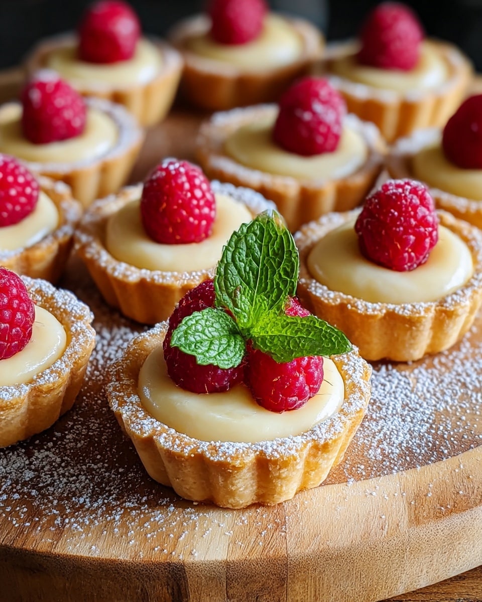 There are nine small tartlets arranged on a round wooden board with powder sugar dusted around them. Each tartlet has a golden-brown crispy crust as the base. On top of the crust, there is a thick layer of smooth, pale yellow cream. Three bright red raspberries are neatly placed on the cream of each tartlet. One tartlet in the front center stands out with a fresh green mint leaf on top, adding a pop of color. The scene uses a shallow focus with the tartlets in the front sharp and the background blurred. Photo taken with an iphone --ar 4:5 --v 7
