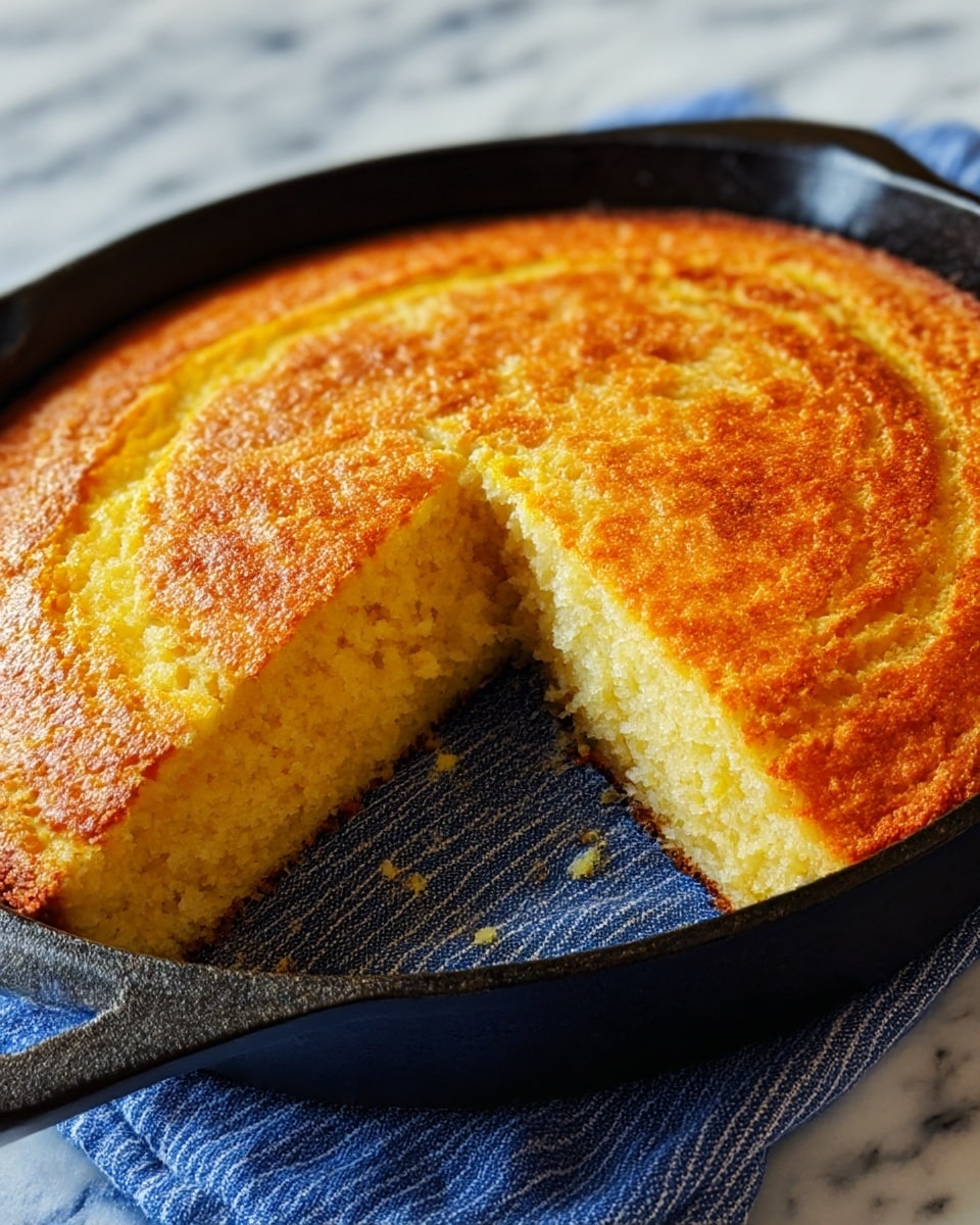 The image shows a golden brown cornbread baked in a black cast iron skillet positioned on a blue striped cloth, all placed on a white marbled surface. The cornbread has one slice cut out, revealing a soft, crumbly, light yellow interior with a slightly grainy texture. The top crust is evenly browned with a fine, crisp texture, creating a warm, inviting contrast to the moist inner layer. Photo taken with an iphone --ar 4:5 --v 7