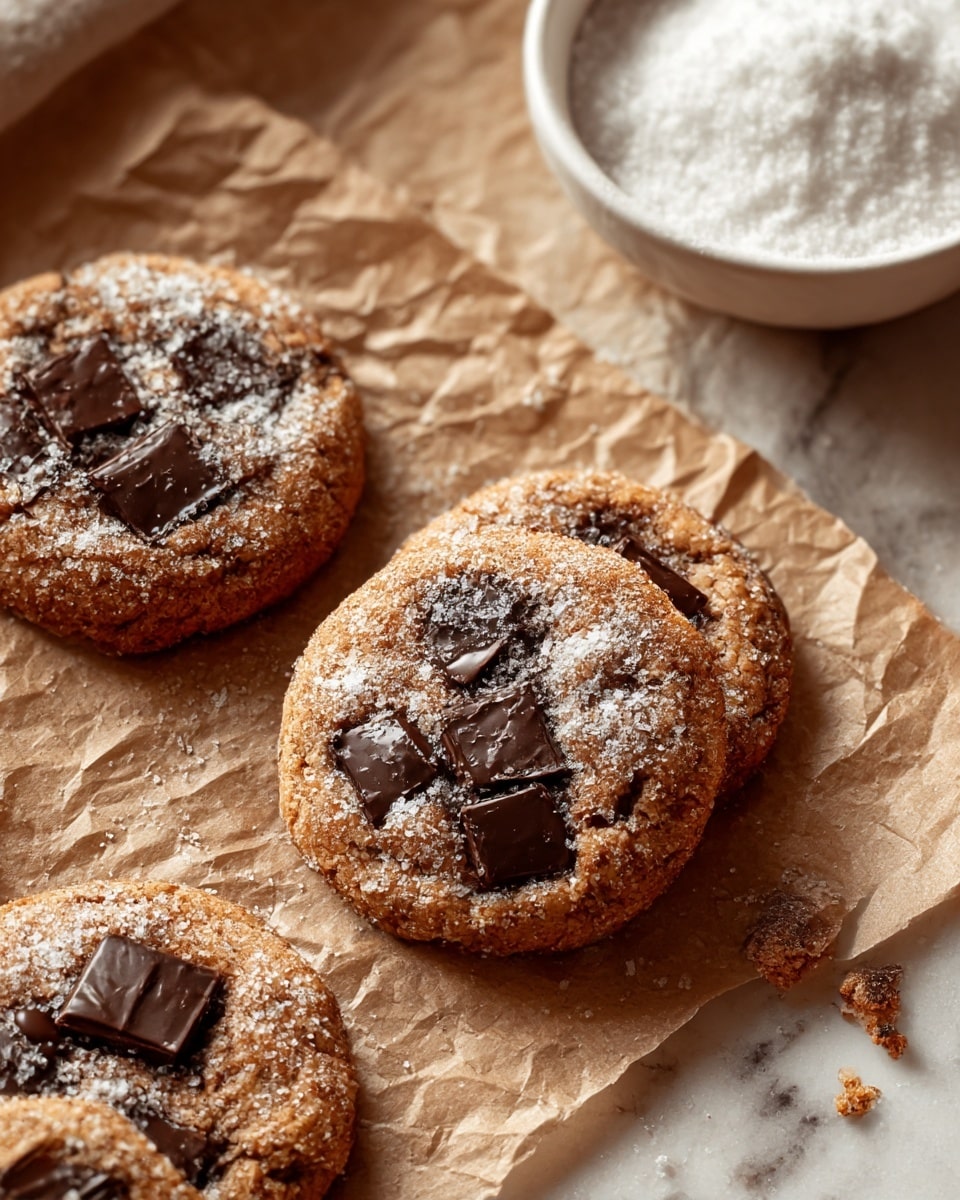 A close-up view of four round cookies placed on crumpled brown parchment paper on a white marbled surface showing a warm brown, slightly crispy exterior sprinkled with white sugar and cocoa powder; each cookie has several dark chocolate square chunks embedded on the top, with some melting slightly into the cookie surface, creating a cozy, textured look with a few crumbs scattered around; in the background, there is a white bowl filled with white powdered sugar, softly blurred to keep focus on the cookies; photo taken with an iphone --ar 4:5 --v 7