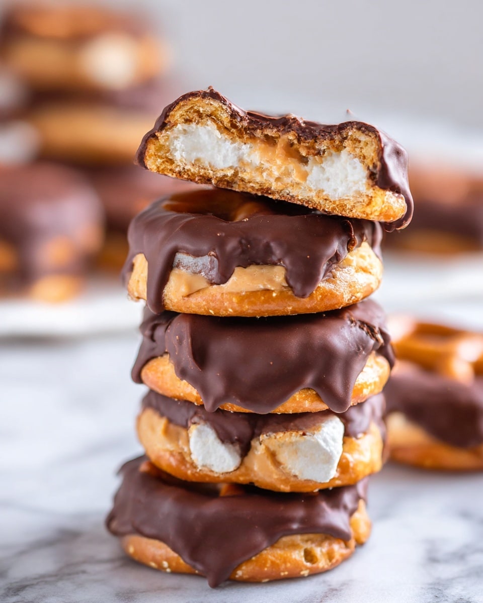 A tall stack of five round treats sits on a white marbled surface, each treat made of three main layers: a golden brown pretzel base, a middle layer of light peanut butter cream, and a top layer covered half in smooth dark chocolate with visible pieces of white marshmallow embedded beneath the chocolate. The top treat is broken in half, showing the chewy texture of the marshmallows and creamy peanut butter filling inside. The dark chocolate on each treat is glossy and thick, dripping slightly over the edges of the pretzels. In the blurred background, more treats are visible on the same white marbled surface. photo taken with an iphone --ar 4:5 --v 7