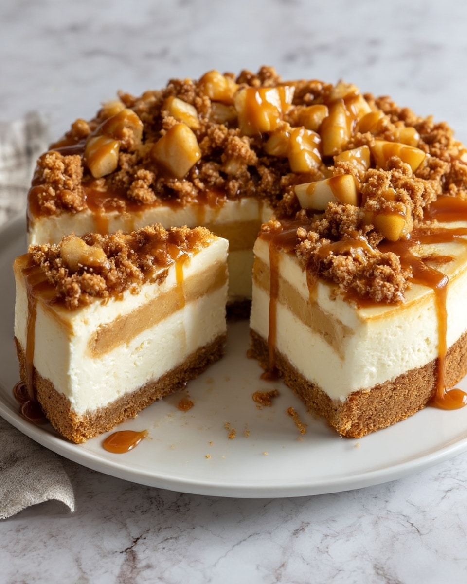 A round cheesecake with four visible layers sits on a white plate on a white marbled surface. The bottom layer is a thick, golden brown crust. Above this is a thin, light golden caramel-like layer, followed by a thick, creamy white cheesecake layer. The top layer has crumbled brown streusel with chunks of cooked apple pieces scattered on it, all drizzled with caramel sauce that slightly runs down the sides. A slice has been cut and pulled out slightly, showing the layers clearly. Photo taken with an iphone --ar 4:5 --v 7
