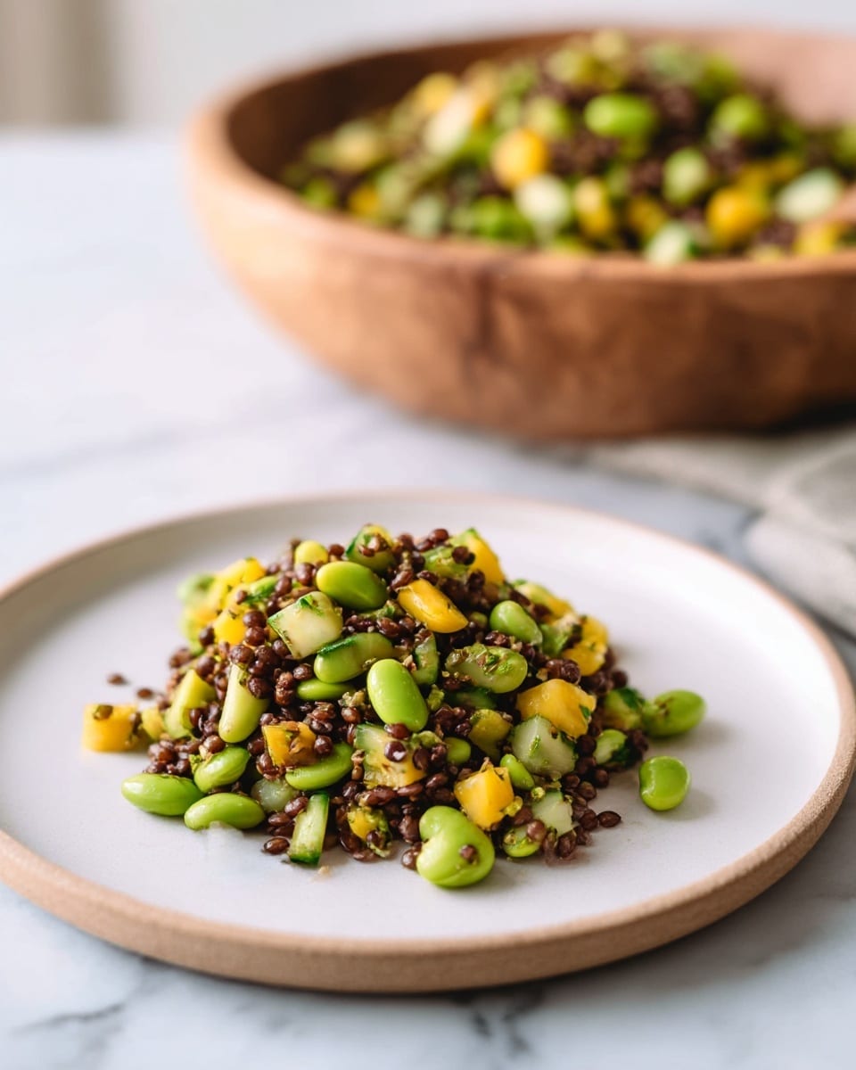 A small mound of salad sits in the center of a round white plate, featuring three main layers: dark brown lentils mixed evenly throughout, bright green edamame beans scattered between, and diced yellow bell peppers with small pieces of cucumber adding pops of green and yellow. The textures include smooth round edamame, firm cubed vegetables, and slightly rough lentils, with a light sheen suggesting a thin dressing. In the background, a large wooden bowl filled with more of the same salad is slightly out of focus, placed on a white marbled surface. Photo taken with an iphone --ar 4:5 --v 7