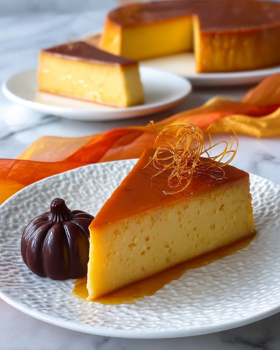 A slice of caramel flan sits on a textured white plate with smooth, glossy caramel coating the top layer, shining under the light. The flan itself is a thick, creamy yellow layer with a soft, slightly bumpy texture. On top of the slice, there are delicate caramel decorations, like thin strands and curls, giving it an elegant touch. Next to the slice, a dark chocolate pumpkin-shaped candy adds a rich contrast to the warm yellow of the flan. In the background, the rest of the flan cake is visible on another white plate on a white marbled surface, with an orange, yellow, and red sheer ribbon adding a touch of color. photo taken with an iphone --ar 4:5 --v 7