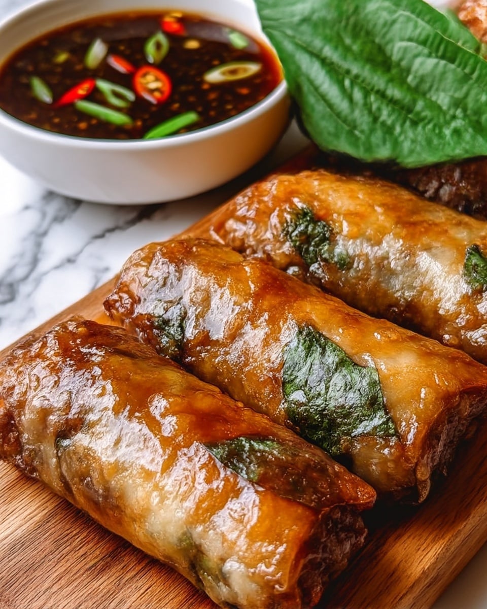 The image shows four golden-brown fried spring rolls with a shiny, glazed texture, each roll containing visible green basil leaves pressed against the translucent, crispy wrapper. The spring rolls rest on a wooden board. In the back, there is a white bowl filled with dark dipping sauce that has small red chili slices and green onion pieces floating on top. A large green leaf is placed beside the bowl, all set on a white marbled surface. photo taken with an iphone --ar 4:5 --v 7