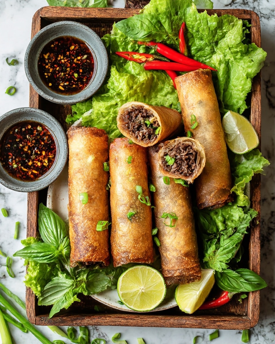 A wooden tray holds a white plate filled with five golden-brown crispy spring rolls, one cut open to reveal a dark, shredded meat filling mixed with green herbs. The spring rolls are sprinkled with chopped green onions. Bright green fresh lettuce and basil leaves surround the rolls, alongside sliced red chili and two lime wedges. Two small gray bowls with dark, chili-speckled dipping sauce are placed near the top left corner of the tray. The entire scene rests on a white marbled surface, with some loose green onions scattered around for a fresh touch. Photo taken with an iphone --ar 4:5 --v 7