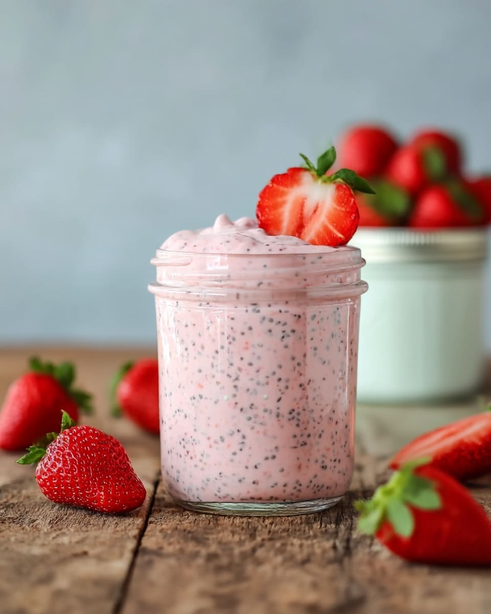 A clear glass jar filled with a thick, light pink creamy mixture speckled evenly with small black chia seeds, the pink texture looks smooth and fluffy inside the jar. On top of the jar, a bright red strawberry sliced in half with fresh green leaves is placed as garnish, slightly leaning on the creamy surface. Around the jar, several whole and halved fresh strawberries are scattered on a rough wooden surface. In the blurred background, a white jar with strawberries inside is visible against a soft grey-blue backdrop. photo taken with an iphone --ar 4:5 --v 7