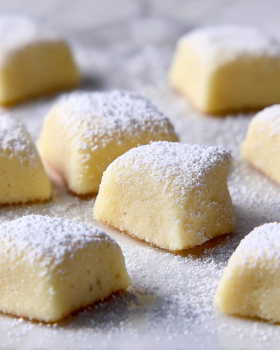 The image shows several small, soft-looking square cookies with rounded edges, all lightly dusted with powdered sugar on top. The cookies have a pale yellow color with a slightly browned base, giving a soft and crumbly texture appearance. They are placed directly on a white marbled surface, which is also sprinkled with powdered sugar, creating a light, snowy effect around and under the cookies. The cookies are arranged in a scattered pattern, with some softly blurred in the background to create depth. photo taken with an iphone --ar 4:5 --v 7
