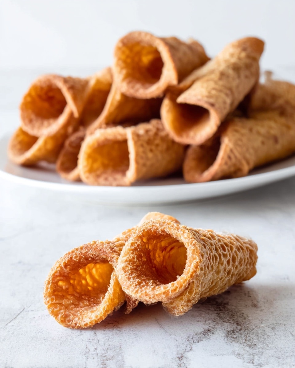 The image shows a close-up of several fried cannoli shells arranged in two groups: a small stack of two shells in the front and a larger pile of overlapping shells on a white plate in the back. Each shell is golden brown with a bubbly texture, crispy and hollow inside, and they have a twisted tubular shape with slight folds. The scene is set on a white marbled surface that gives a clean and bright look. photo taken with an iphone --ar 4:5 --v 7